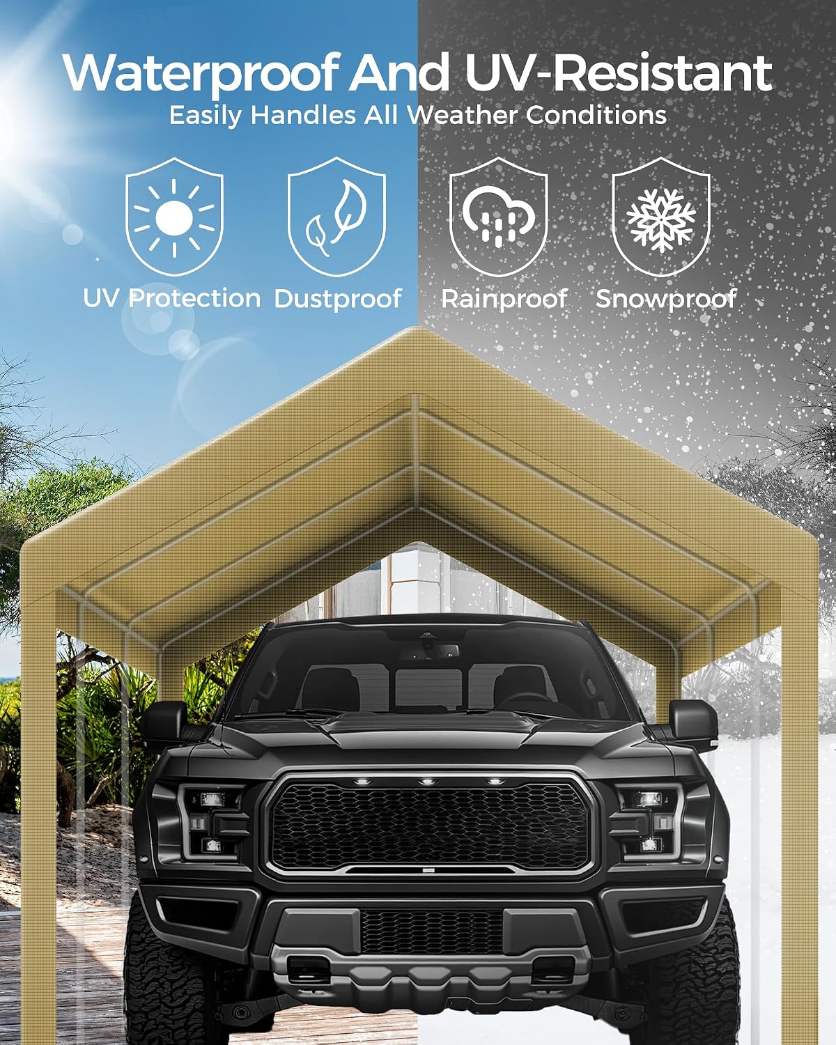 Heavy Duty 12x20FT Carport Replacement Canopy Cover, Waterproof UV Protected Tarp Replacement Top for Carport Frame with Ball Bungees, Car Garage Shelter (Khaki, Top Cover Only)
