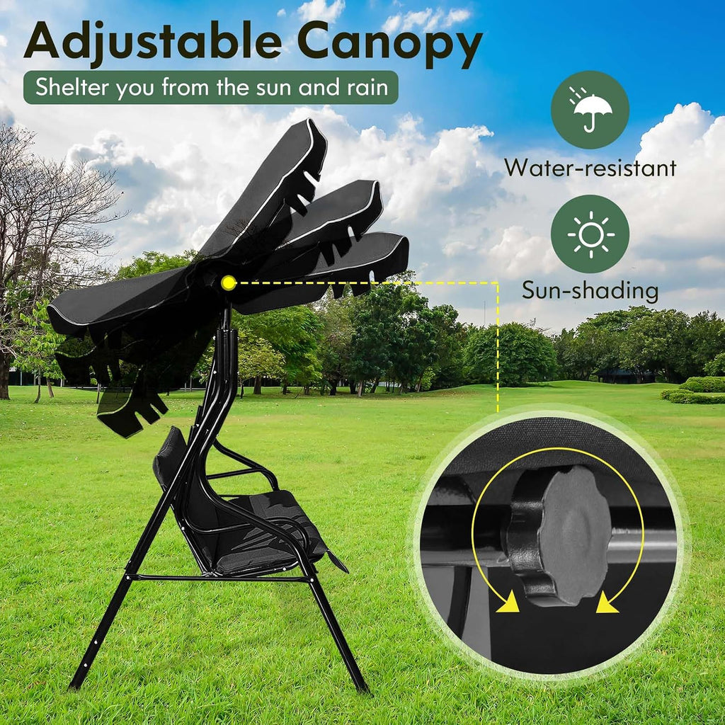 DREAMADE Porch Swing Outdoor, 3 Person Patio Swing w/Removable Cushion, Stand & Adjustable Canopy, Heavy Duty Swing Chair for Patio, Garden, Courtyard, Poolside