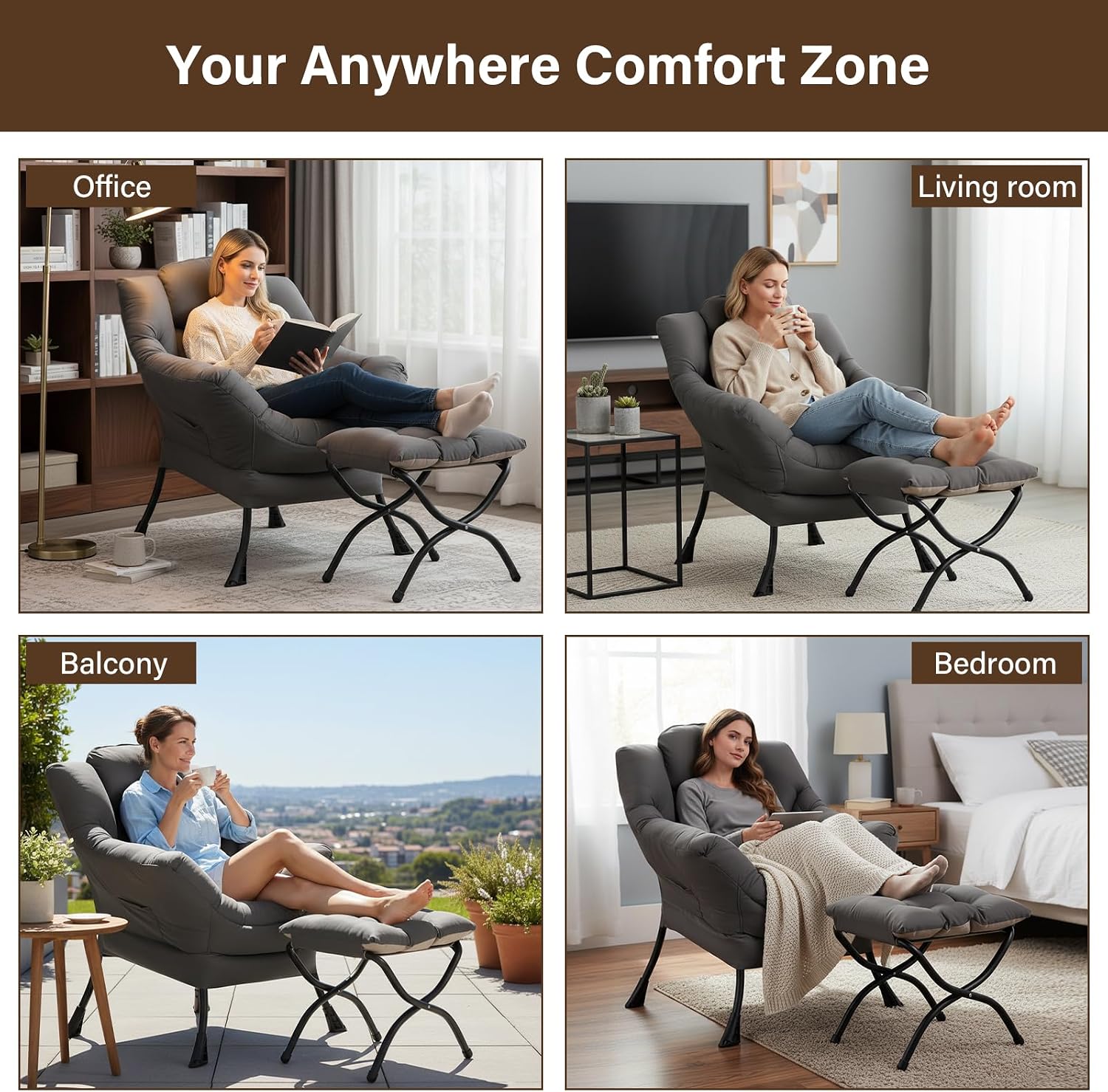 Welnow Lazy Chair with Ottoman, Modern Accent Chair with Armrests and a Side Pocket, Leisure Sofa Armchair, Reading Armchair with Footrest for Small Space, Dark Grey