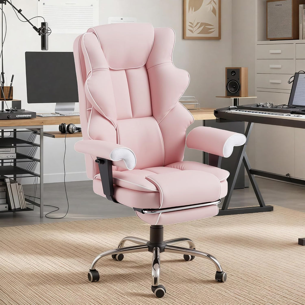 HOMREST Pink Ergonomic Office Chair with 6-Point Vibration Massage & Heat – Reclining Executive Chair with Adjustable Footrest and Armrests, PU Leather Big and Tall Home Office Desk Chair