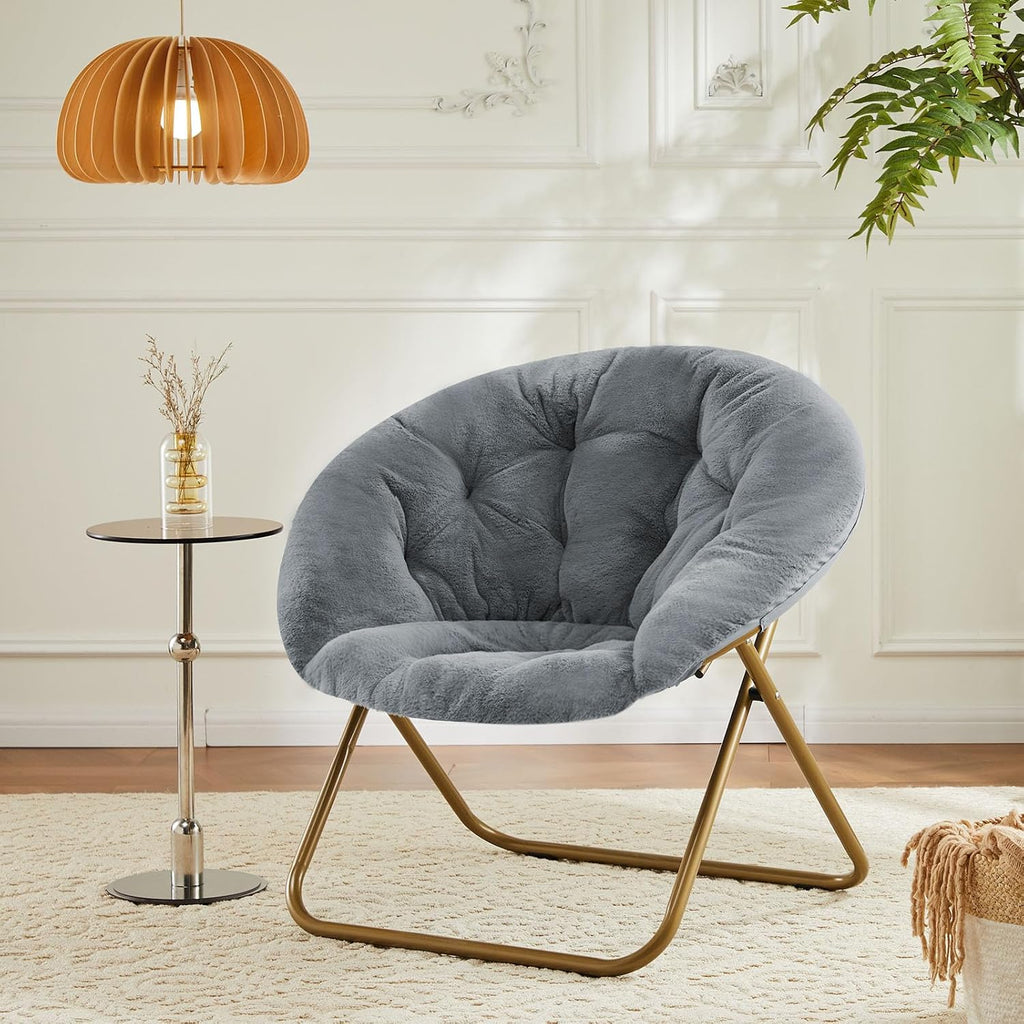 Sweetcrispy Saucer Chairs, Comfy Folding Cozy Faux Fur Living Room Reading Lounge Chair with Soft Thick Padded Seat & Metal Frame Modern Style Bedroom Dorm for Kids Adults, X-Large - Classic Gray
