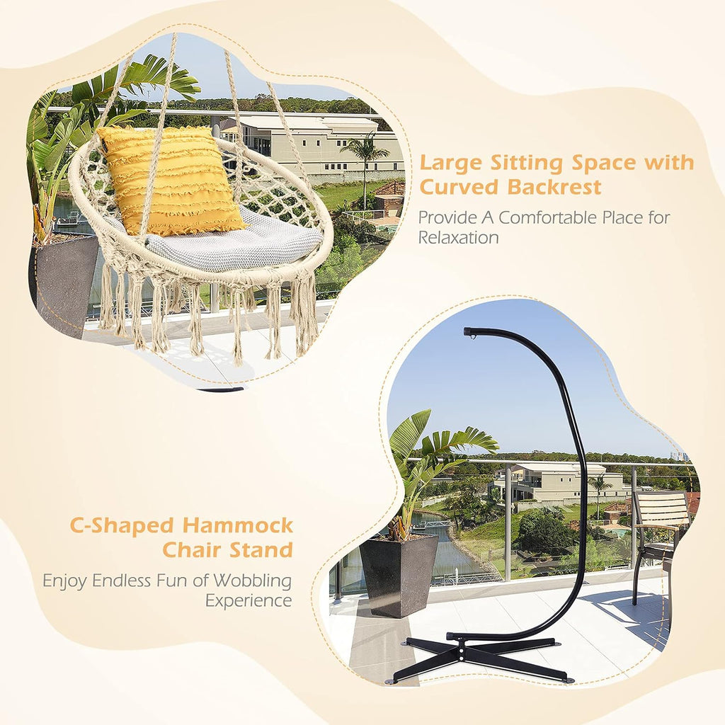 Giantex Hammock Chair with Stand, Solid Steel Heavy Duty C Stand with Macrame Hanging Chair, Handwoven Tassels Swing Chair Include Hammock Stand for Indoor Outdoor Use (Beige)