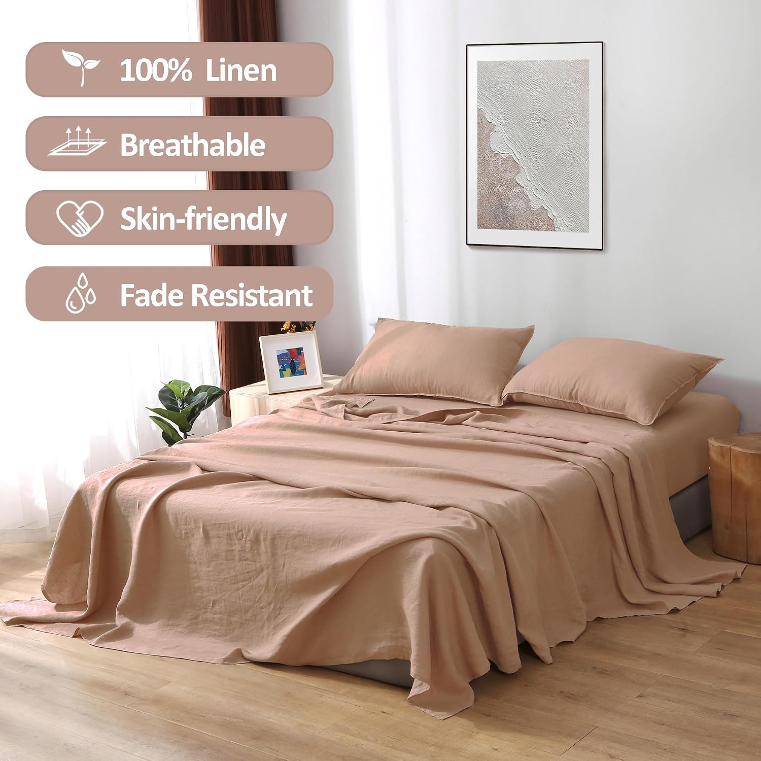 S VICTORY SYMBOL 100% Linen Sheets Set King Size,Washed French Flax Bed Sheets Set 4Pcs(1 Flat Sheet&1 Fitted Sheet&2 Pillowcases Natural Linen Farmhouse Bedding-Dusty Pink