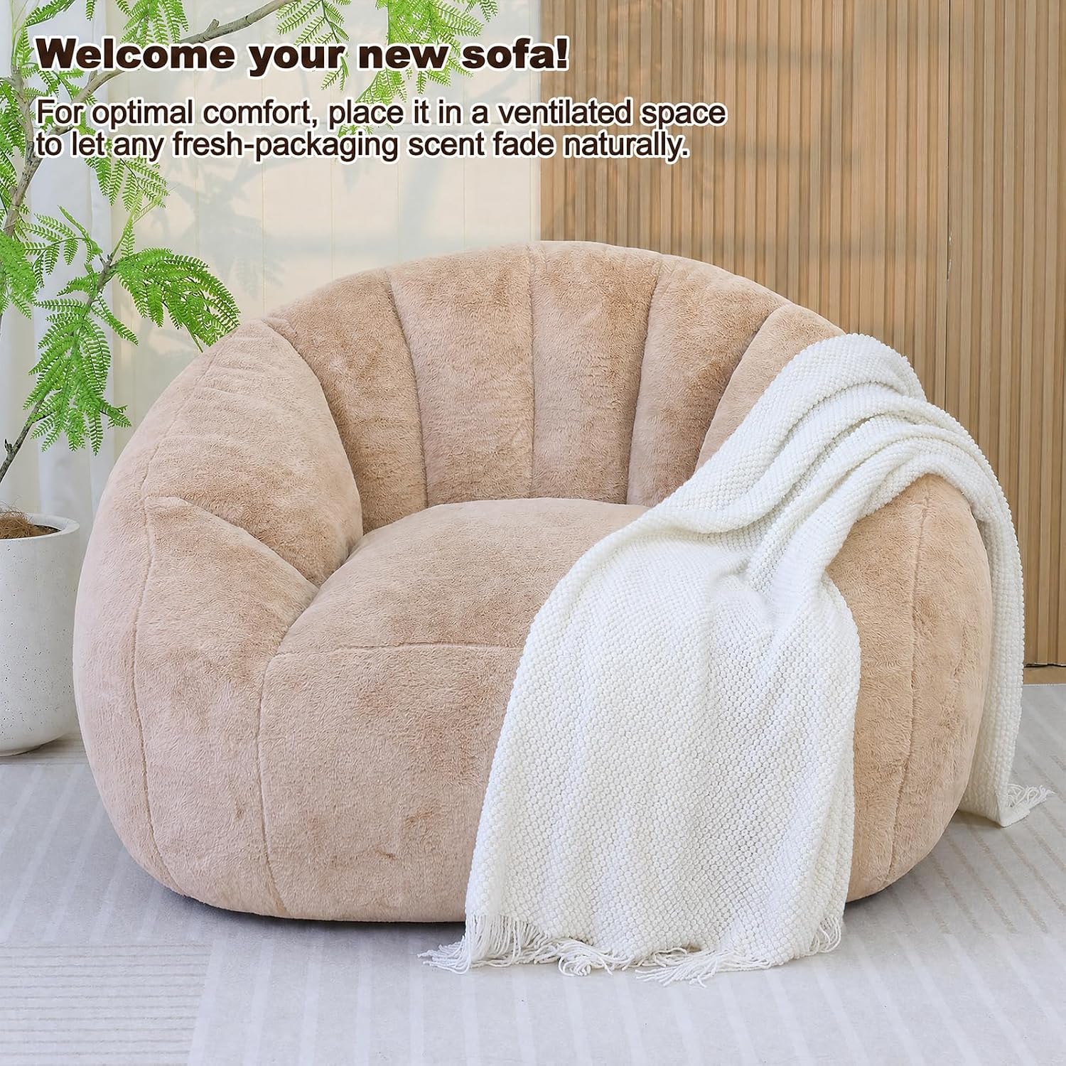 Giant Bean Bag Chair for Adults, Teens and Kids, Cozy Fluffy Corduroy Beanbag Chair with Filler, Large Floor Lounge Sofa for Living Room, Bedroom, Dorm, Gaming and Reading(L-Khaki)