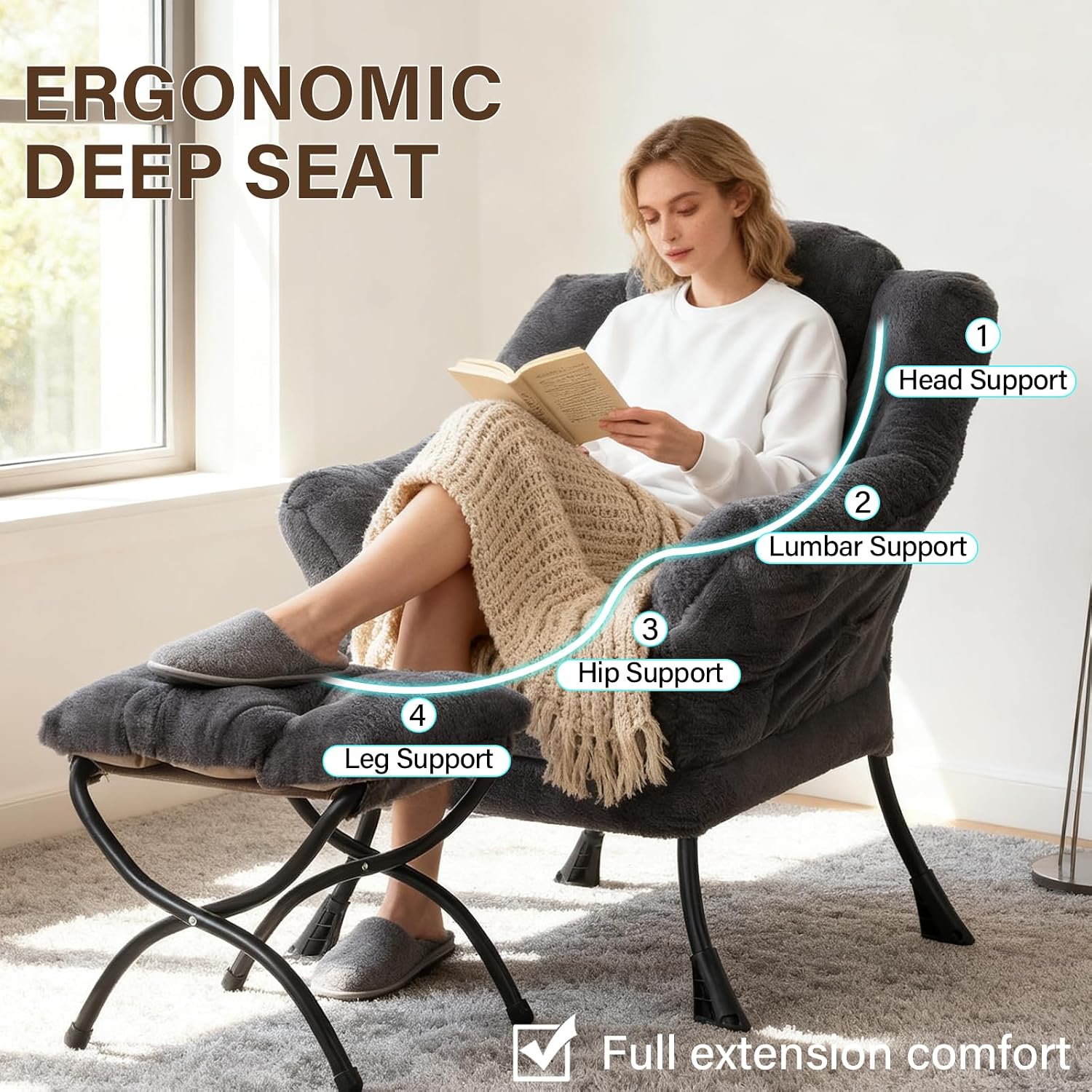 Welnow Lazy Chair with Ottoman, Modern Accent Chair with Armrests and a Side Pocket, Leisure Sofa Armchair, Reading Armchair with Footrest for Small Space, Plush Navy