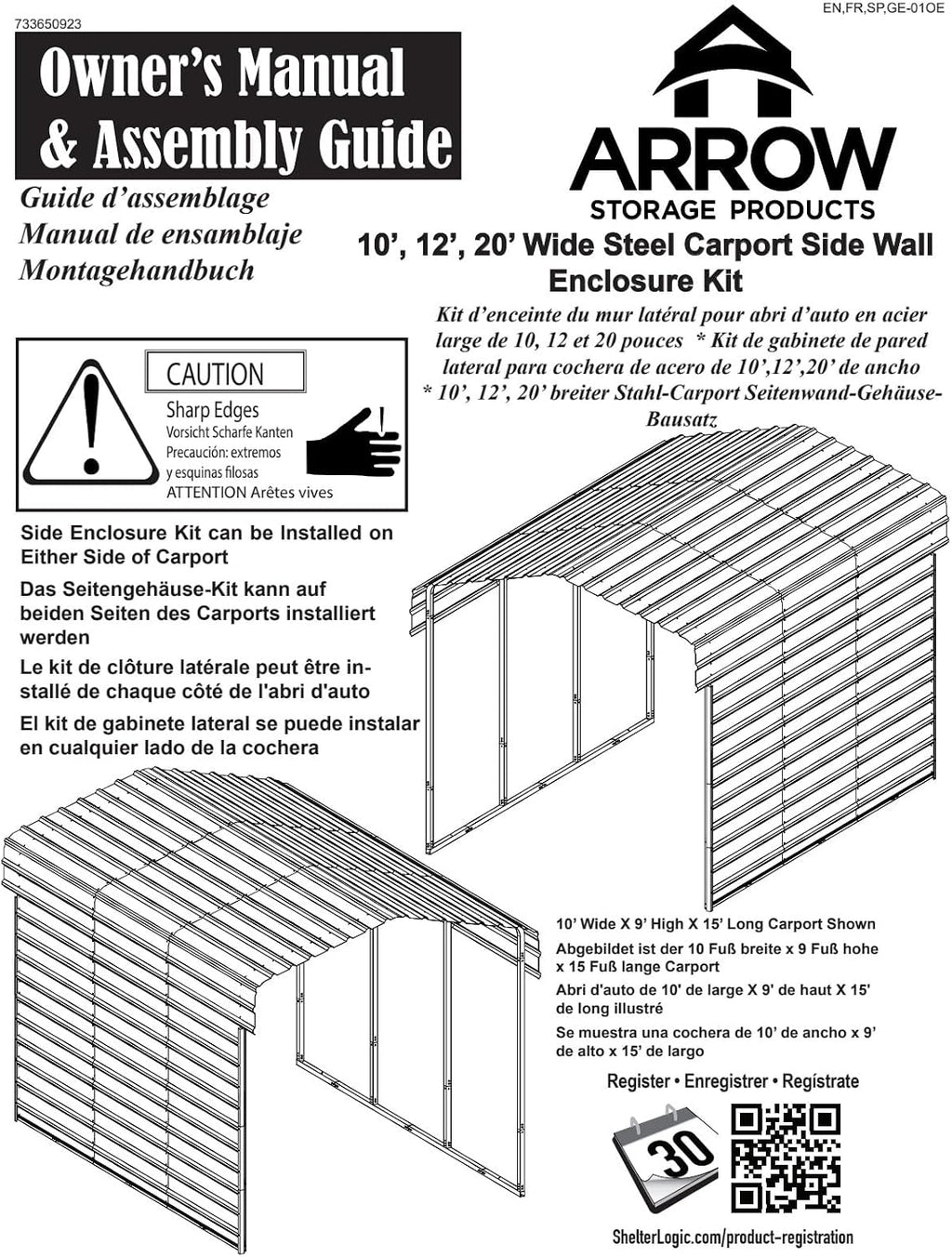 Arrow Carports Galvanized Steel Carport, with 1-Sided Enclosure, Compact Car Metal Carport Kit, 12' x 20' x 7', Charcoal