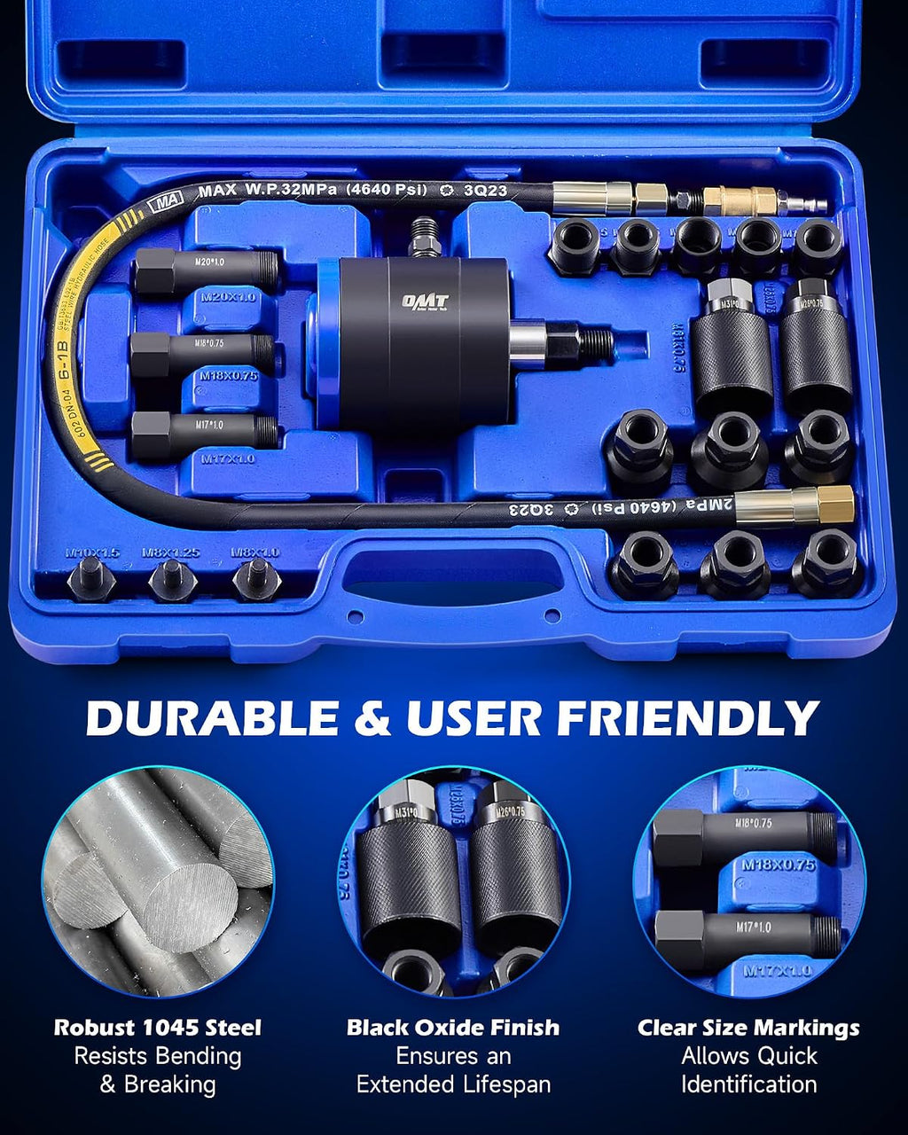 Orion Motor Tech Pneumatic Injector Puller Set for Diesel Engines, 23 pcs 5-8 Bar Air Vibration Injector Removal Tool Kit with Extractor Hammer, 19 Adapters, Extension Hose, and EU US Connectors