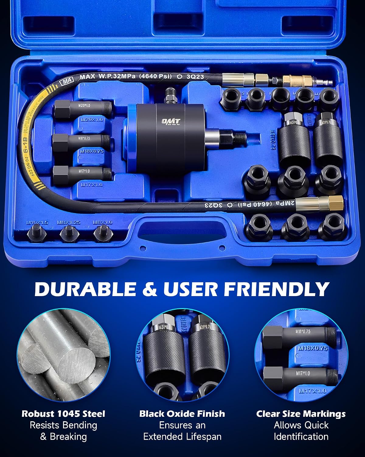 Orion Motor Tech Pneumatic Injector Puller Set for Diesel Engines, 23 pcs 5-8 Bar Air Vibration Injector Removal Tool Kit with Extractor Hammer, 19 Adapters, Extension Hose, and EU US Connectors