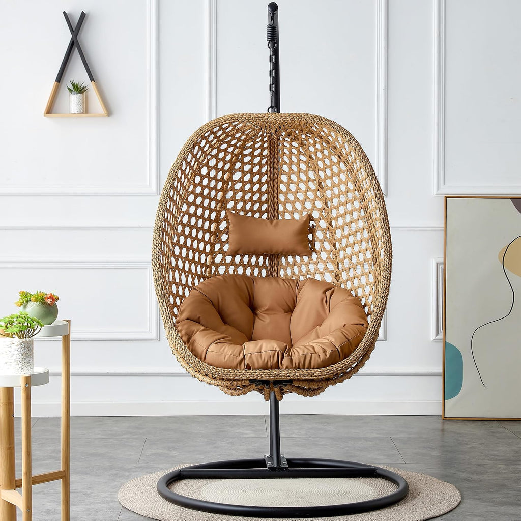 Swining Egg Chair with Stand,Wicker Rattan Hanging Egg Chairs, Patio Swing with UV Resistant Cushion, Outdoor Indoor Hanging with Foldable Basket & Metal Stand for Bedroom (Light Brown-S)
