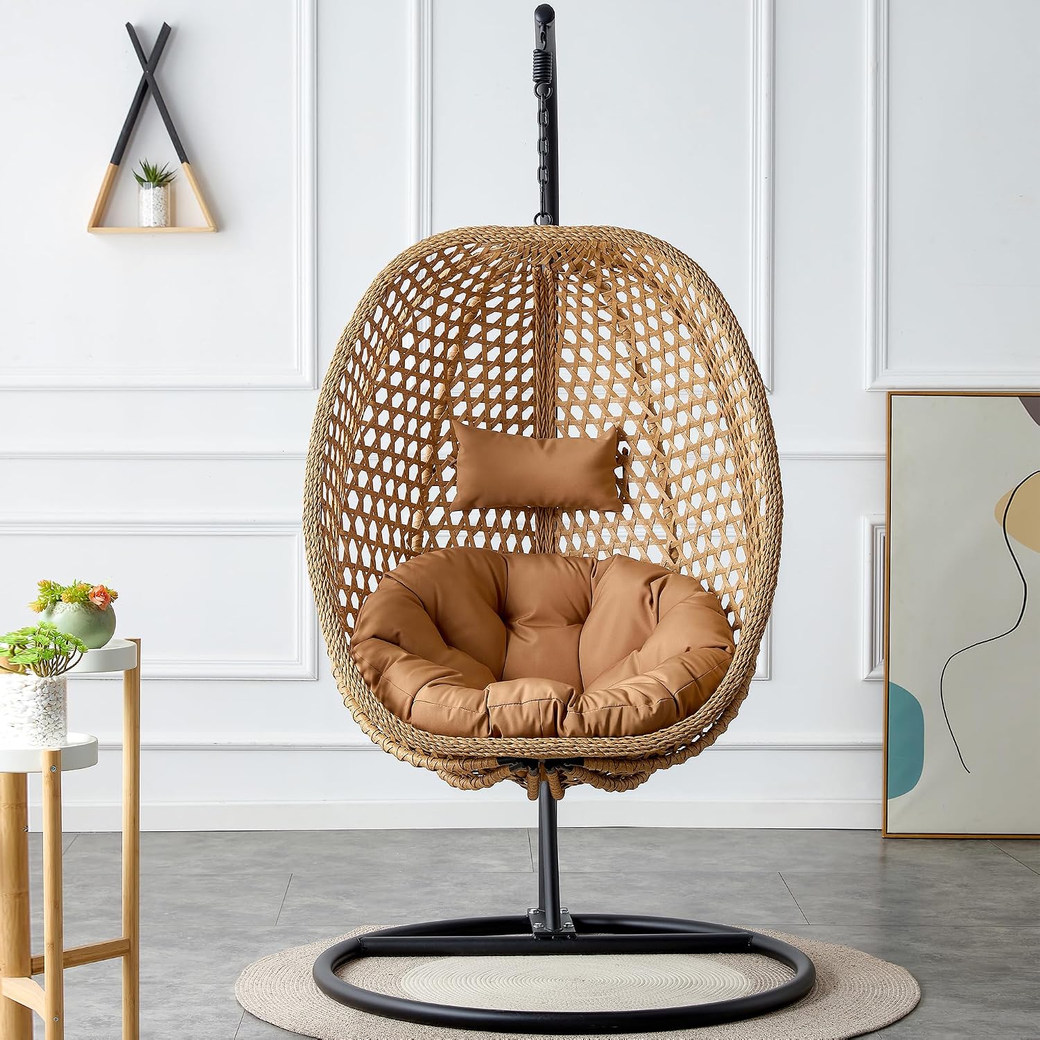 Swining Egg Chair with Stand,Wicker Rattan Hanging Egg Chairs, Patio Swing with UV Resistant Cushion, Outdoor Indoor Hanging with Foldable Basket & Metal Stand for Bedroom (Light Brown-S)