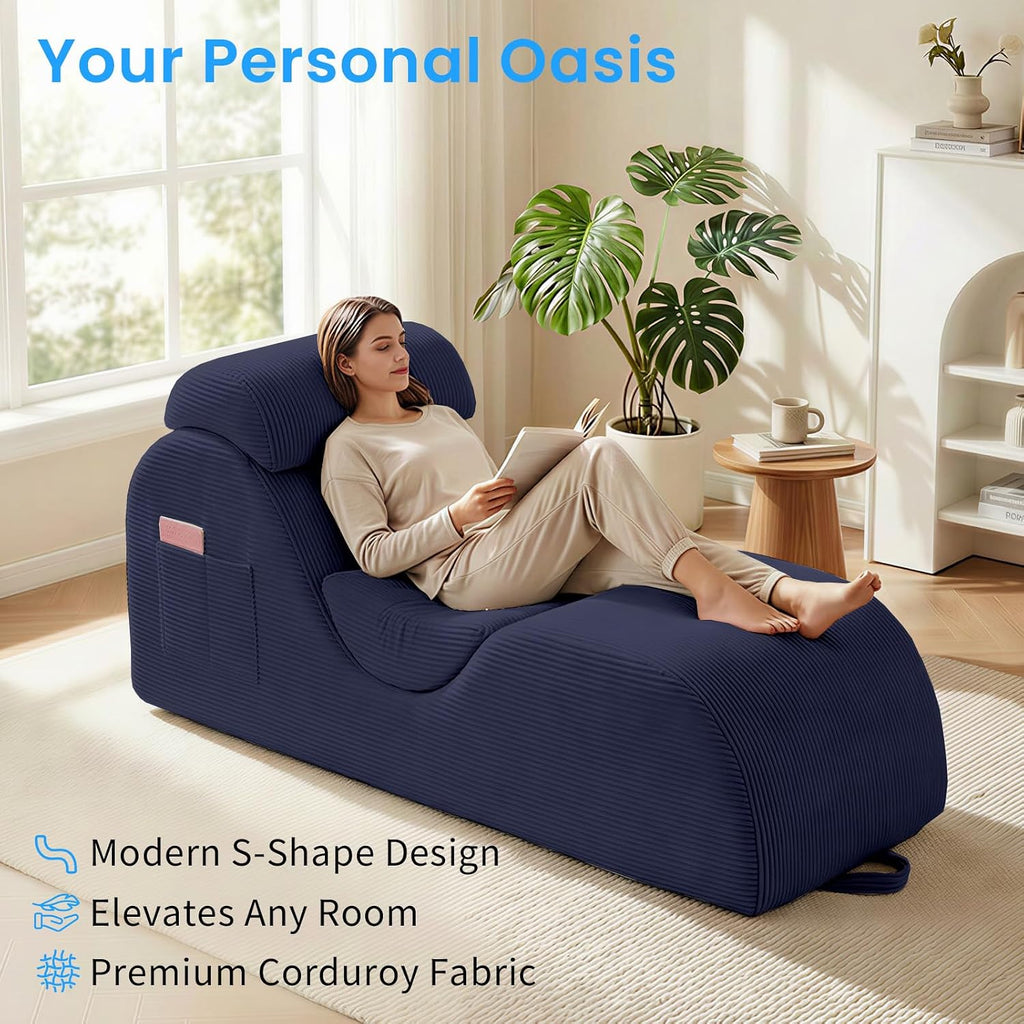 ijuicy 25' Wide Ergonomic Yoga Chair, Stretch Yoga Chaise Lounger with Adjustable Headrest, Waist Cushion, Movable Footrest, Side Pockets, Modern Reading Chair -Blue