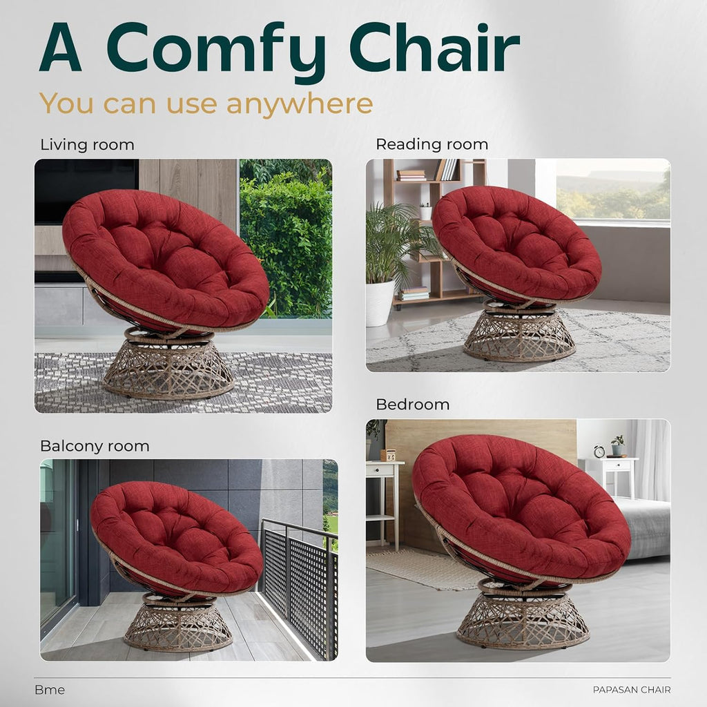 Bme 40' Ergonomic Wicker Papasan Chair with Soft Thick Density Fabric Cushion, High Capacity Steel Frame, 360 Degree Swivel for Living, Bedroom, Reading Room, Lounge, Cherry Sangria-Brown Base