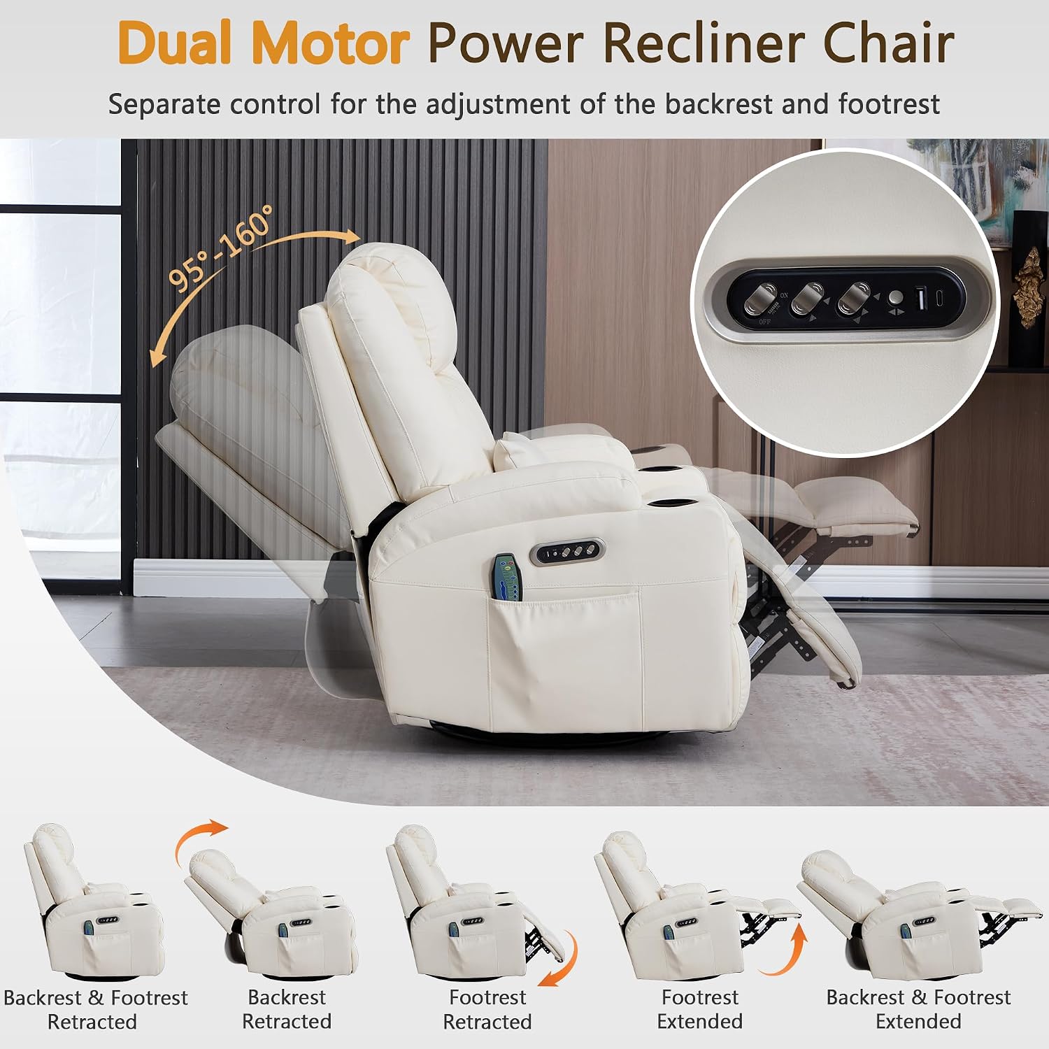 Dual Motor Power Swivel Rocker Recliner Chair with Heat and Massage,Electric Glider Rocking Chairs for Nursery,Theater Seating with LED Lights, USB A/USB C Ports for Living Room (1, Beige)
