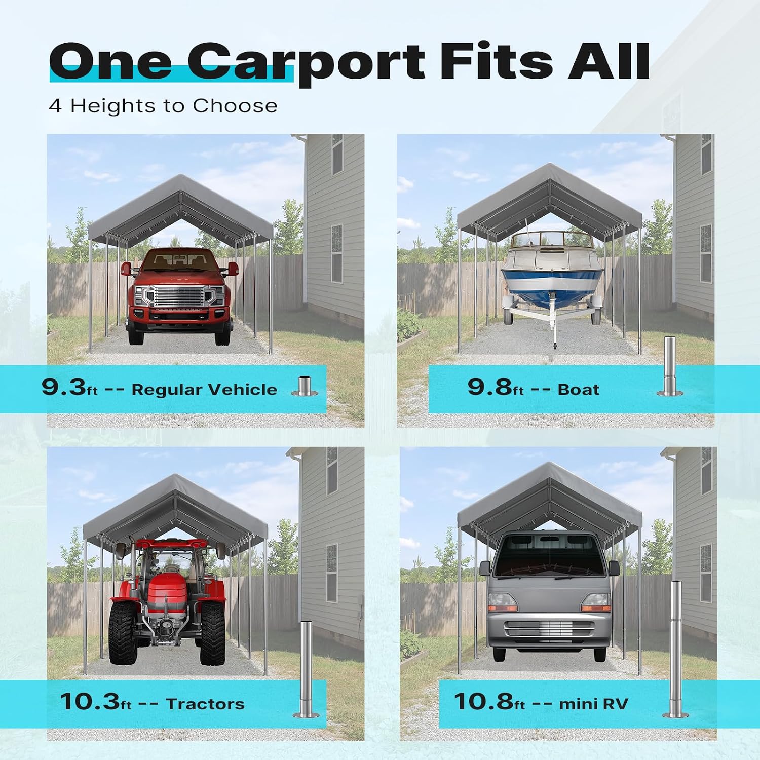 ADVANCE OUTDOOR 10x20 ft Heavy Duty Carport Potable Car Canopy Garage Party Tent Boat Shelter, Adjustable Height from 9.5 ft to 11 ft - Gray