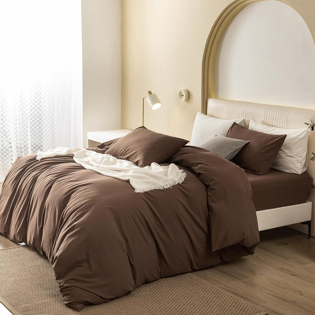 JIYUAN Oversized King Plus Duvet Cover Set, 3-Piece - 100% Washed Cotton, Linen-Like Soft & Breathable with Zipper Closure, Includes 128x120 Inch Cover & 2 Pillowcases, Solid Chocolate Brown