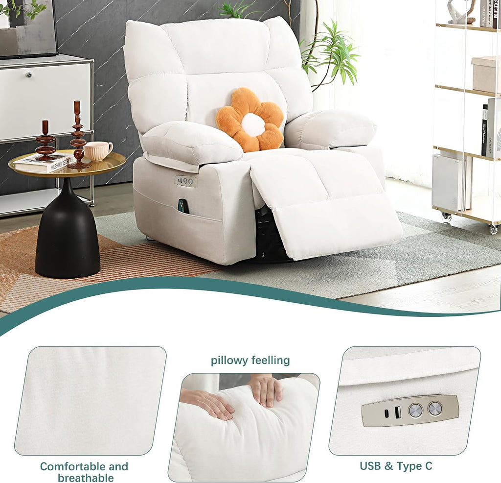 Power Swivel Rocker Recliner Chair Oversized for Adults, Electric Heated & Massage Chair Recliner with USB/Type-C, Fabric Nursery Recliner for Living Room,Bedroom, White