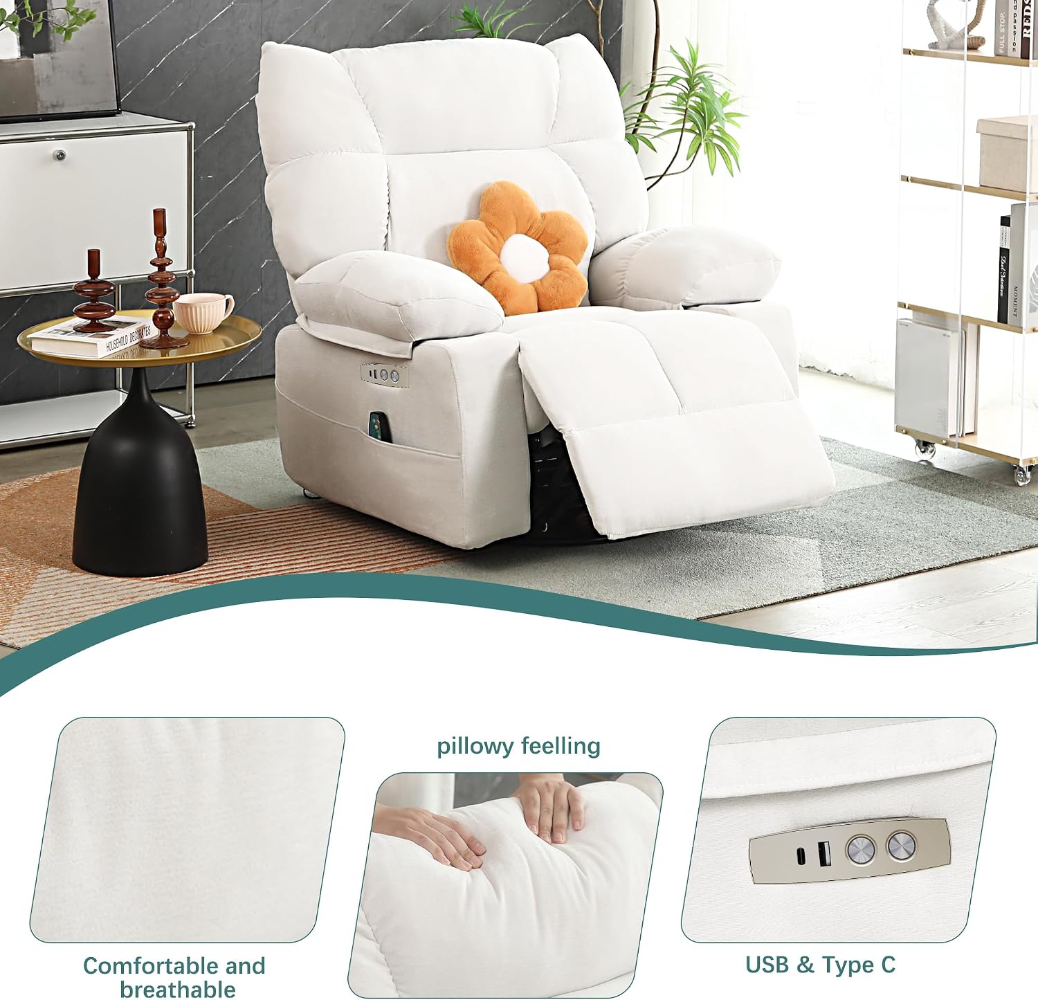 Power Swivel Rocker Recliner Chair Oversized for Adults, Electric Heated & Massage Chair Recliner with USB/Type-C, Fabric Nursery Recliner for Living Room,Bedroom, White