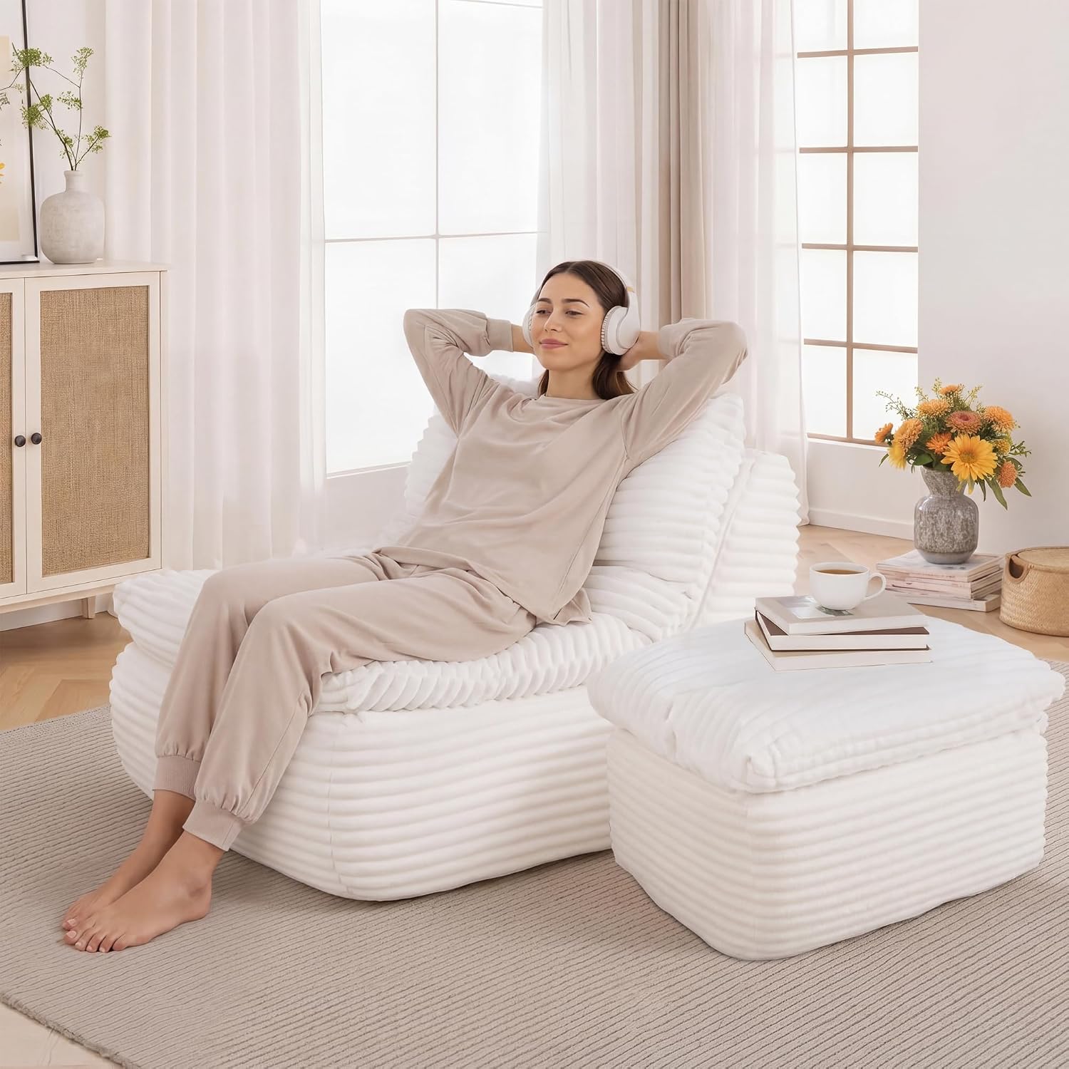 Boneless Chaise Lounge Chair Indoor, Adult Bean Bag Chair with Compressed Memory Foam, Comfy Back Support Sofa Bed Couch for Living Room Bedroom Office Apartment, No Assembly