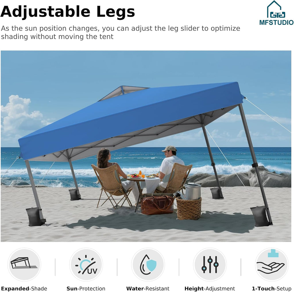 MFSTUDIO Pop Up Canopy Tent, 10x10 Canopies Outdoor One Person Push Set Up Tent Instant Portable Shelter Tents with Vented Top, Storage, 4 Sandbags, Beach Canopy,Blue