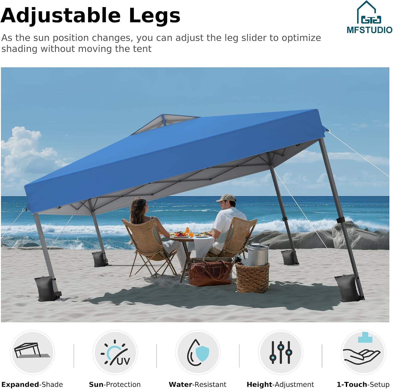 MFSTUDIO Pop Up Canopy Tent, 10x10 Canopies Outdoor One Person Push Set Up Tent Instant Portable Shelter Tents with Vented Top, Storage, 4 Sandbags, Beach Canopy,Blue