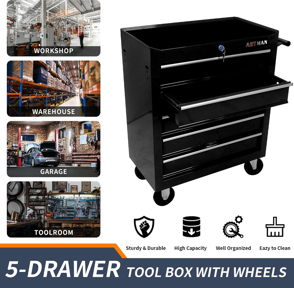 5 Drawers Rolling Tool Box，Tool Chest on Wheels, Lockable Tool Storage Cabinet Organizer Cabinet for Garage, Warehouse, Repair Shop, Workshop