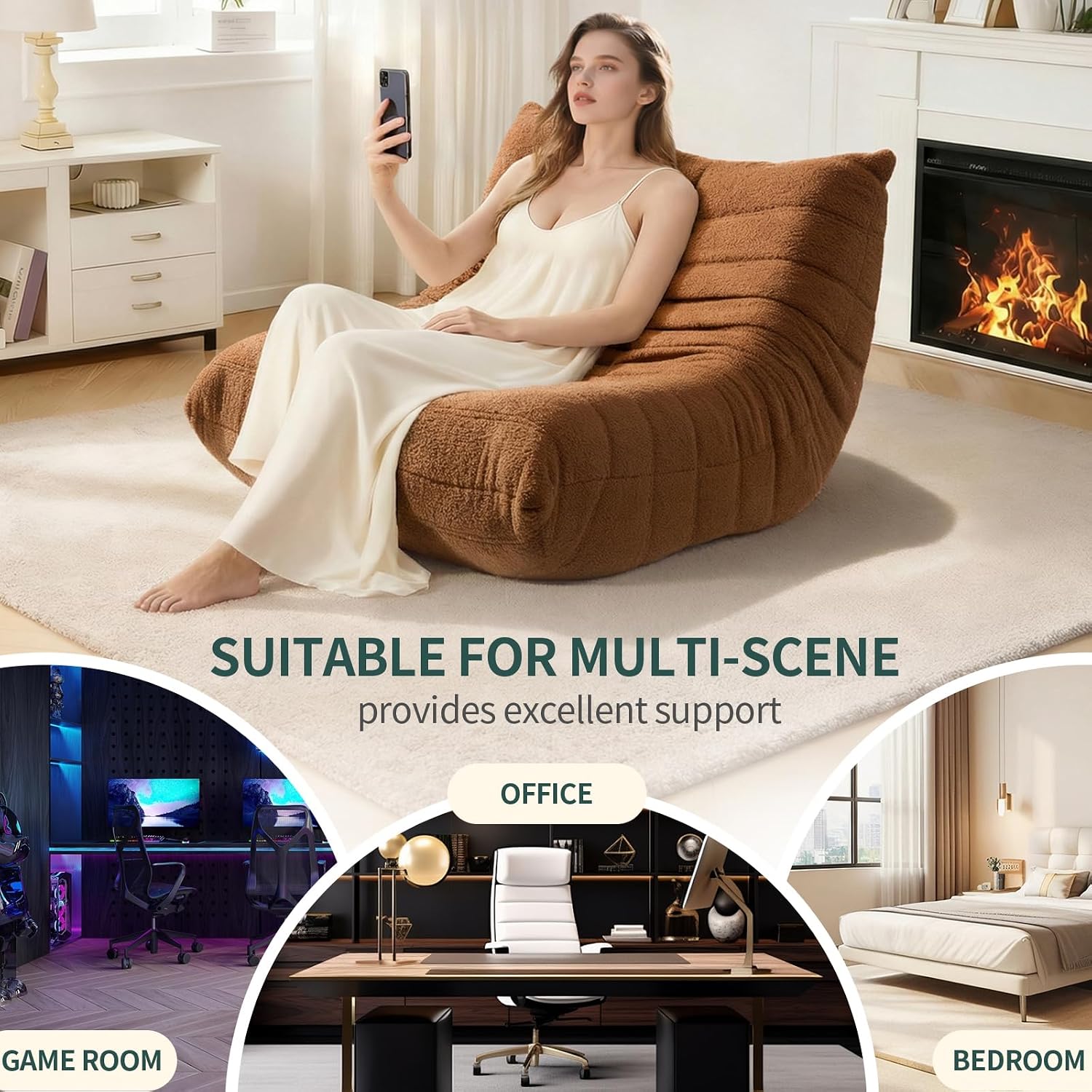 Bean Bag Chairs for Adults, Lazy Sofa Chair with Memory Foam Teddy Velvet Fabric, Large Beanbag Sofa Chair for Bedroom Living Room Dorm Office (Brown)