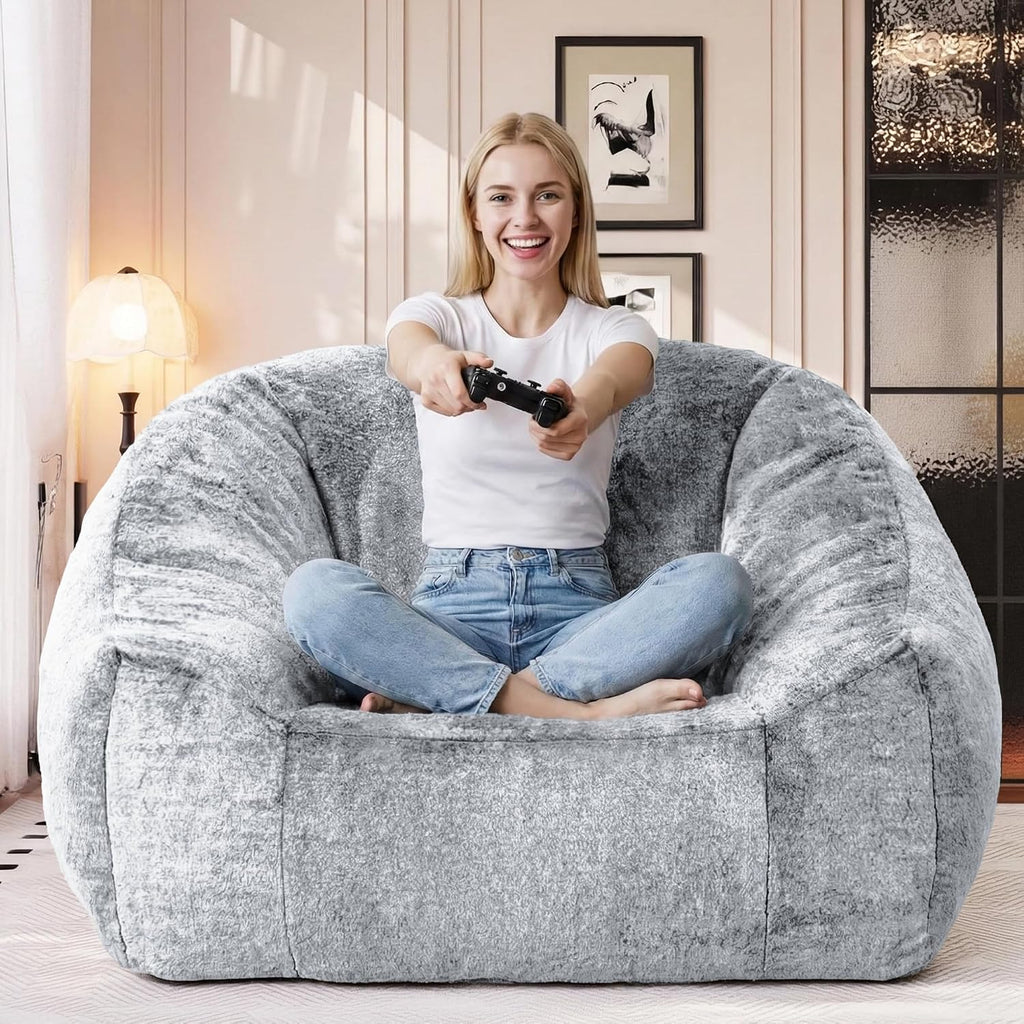 Bean Bag Chairs for Adults, Giant Beanbag Sofa Comfy Reading Chair, Oversized Bean Bag Chairs for Living Room Bedroom, Soft Faux Fur Fabric, 3.2FT, Dark Grey, Plush