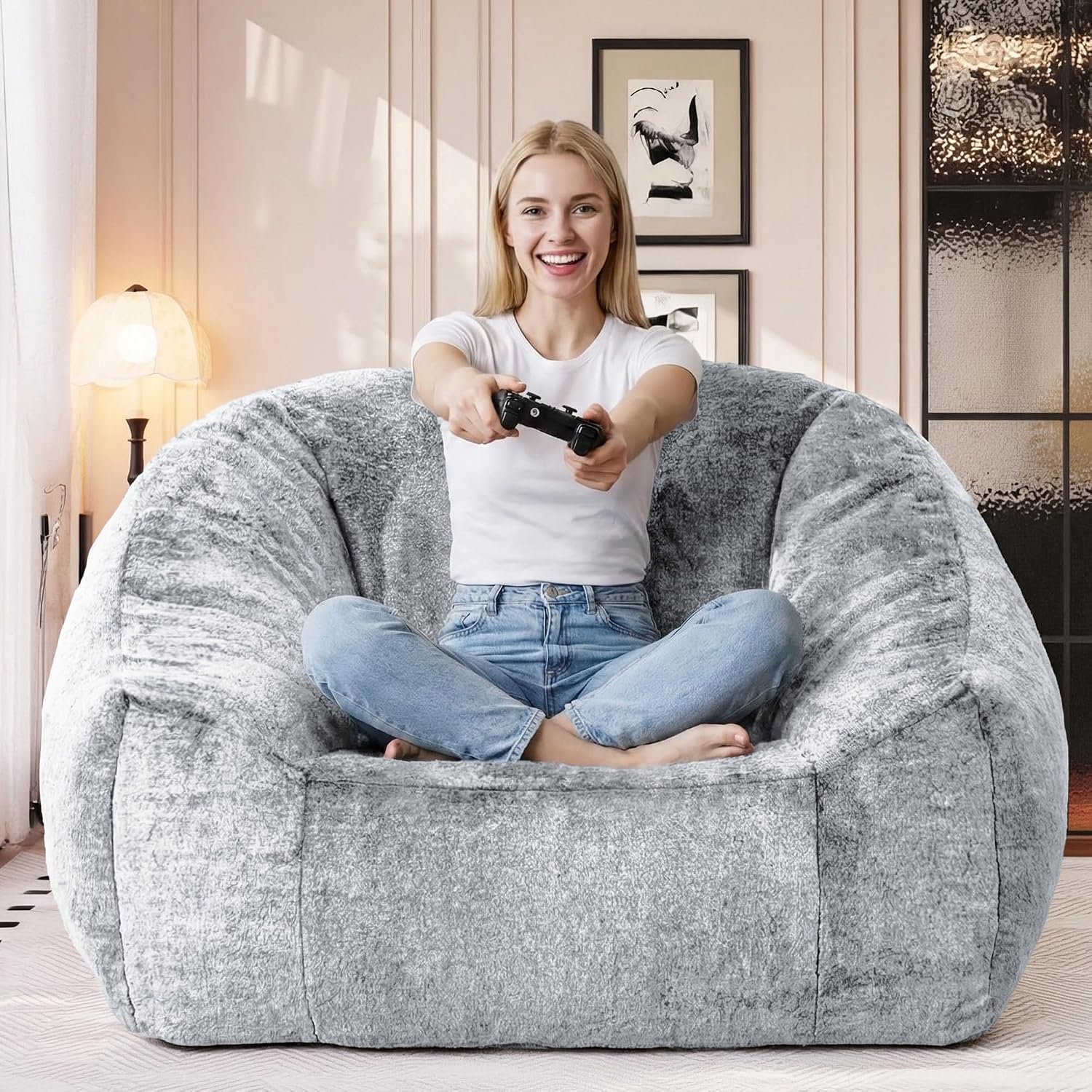 Bean Bag Chairs for Adults, Giant Beanbag Sofa Comfy Reading Chair, Oversized Bean Bag Chairs for Living Room Bedroom, Soft Faux Fur Fabric, 3.2FT, Dark Grey, Plush