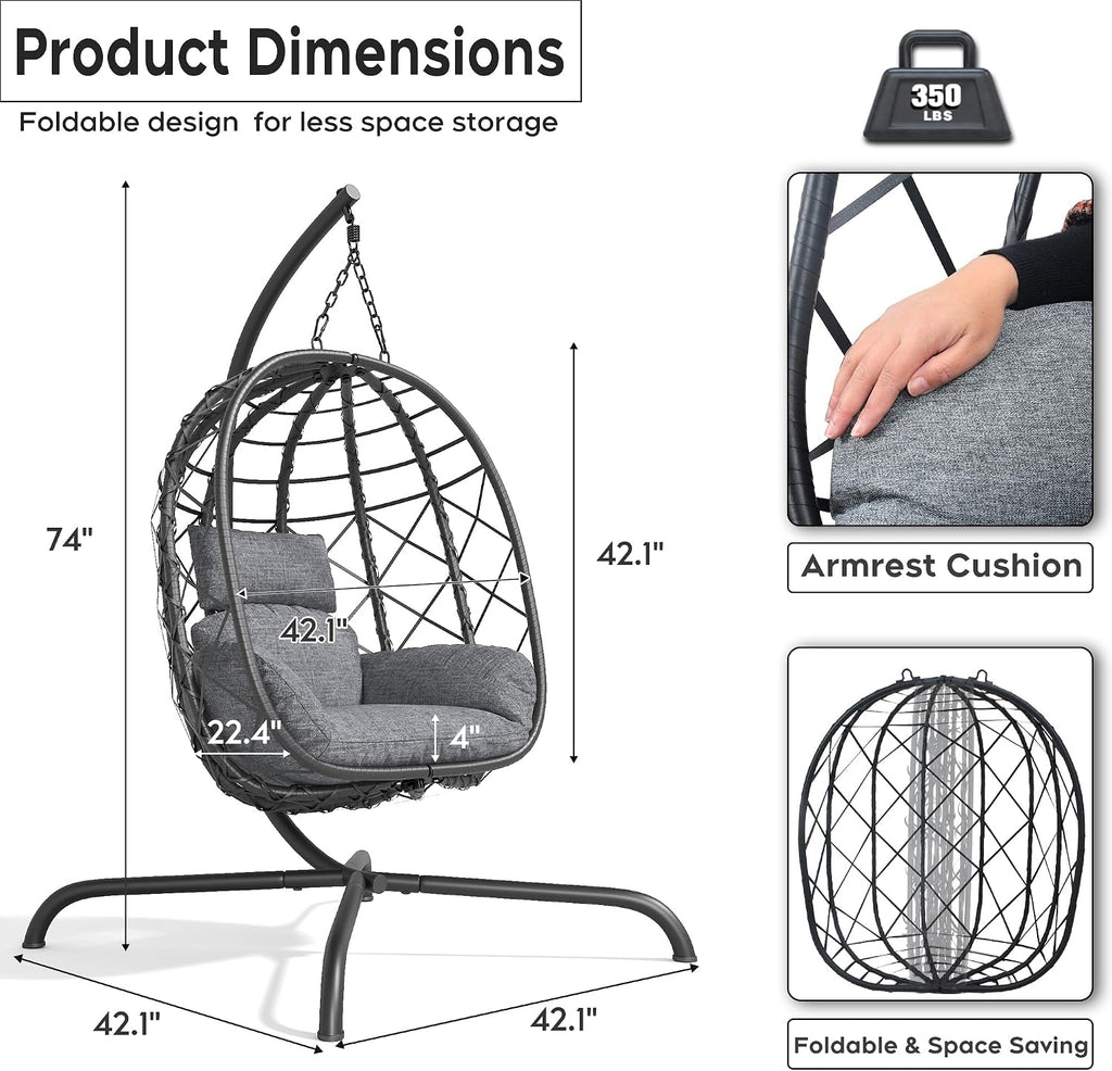 Foldable Hanging Egg Chair with Stand - Wicker Swing Hammock Chair with Cushion - for Patio Porch Balcony Weight Capacity 350lbs (Light Gray)