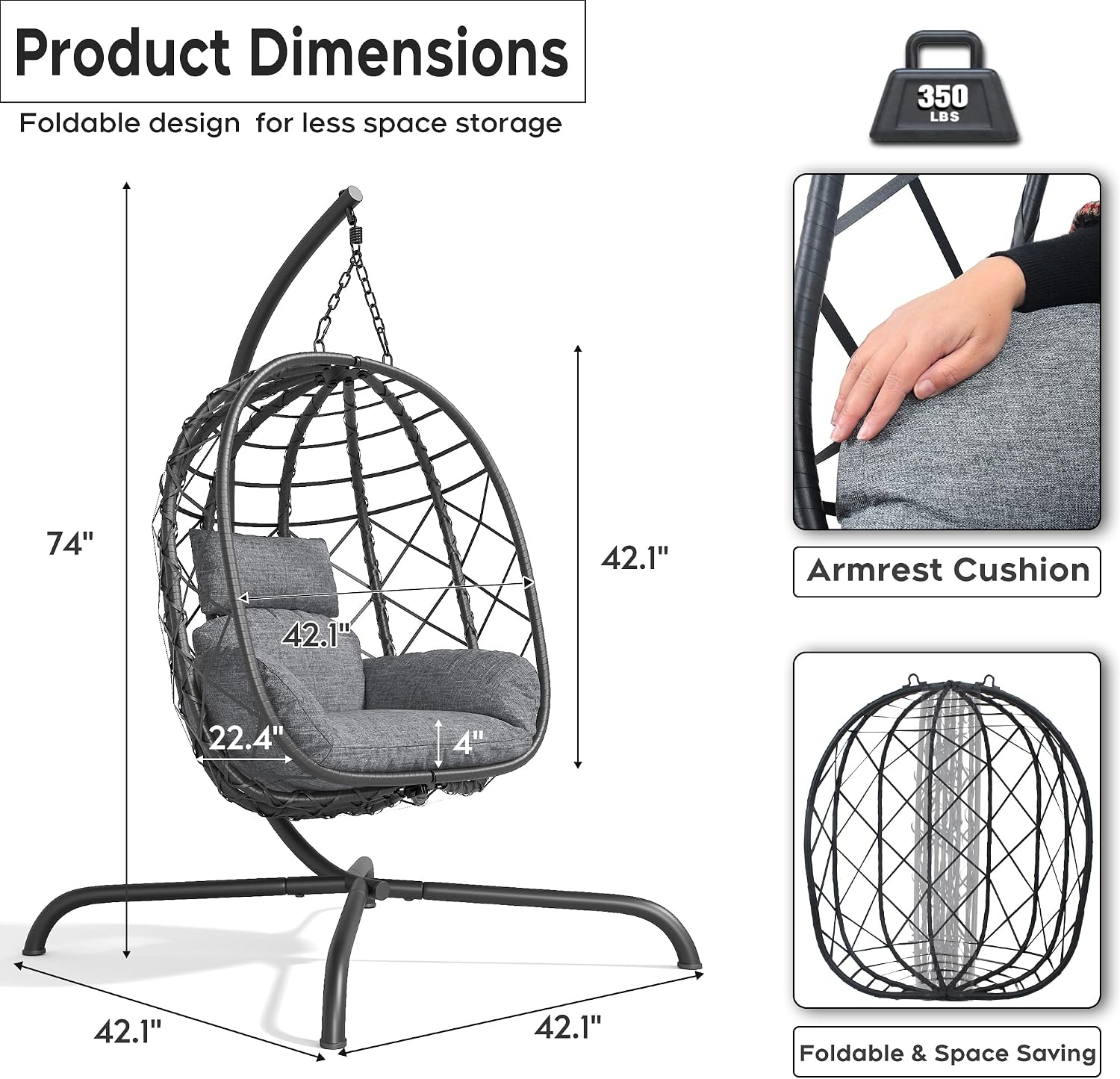 Foldable Hanging Egg Chair with Stand - Wicker Swing Hammock Chair with Cushion - for Patio Porch Balcony Weight Capacity 350lbs (Light Gray)