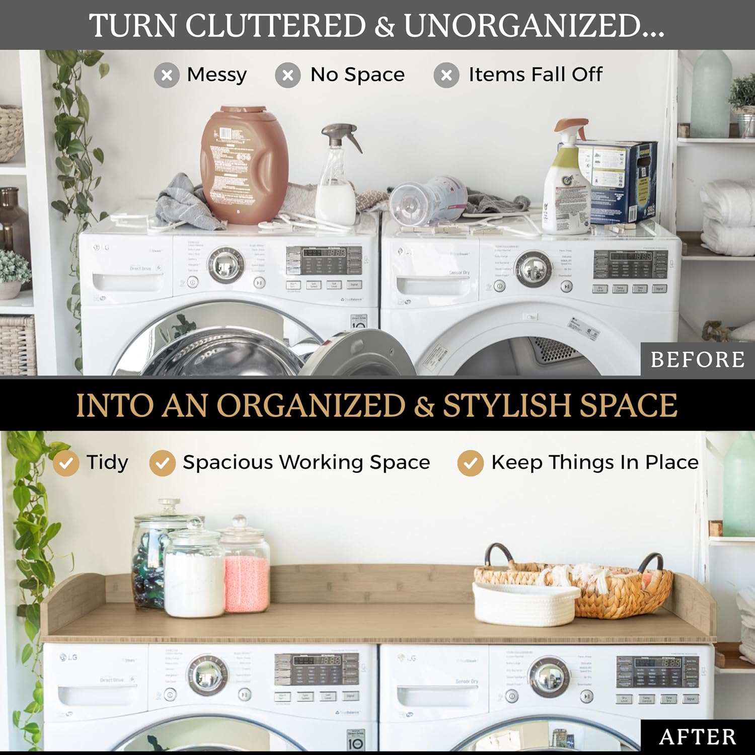 Nedura Washer Dryer Countertop w/Anti-Vibration Pads & Curved Edge Rails, Premium Bamboo Laundry Countertop, Washer Dryer Topper, Laundry Room Organization, Laundry Room Accessory - Driftwood