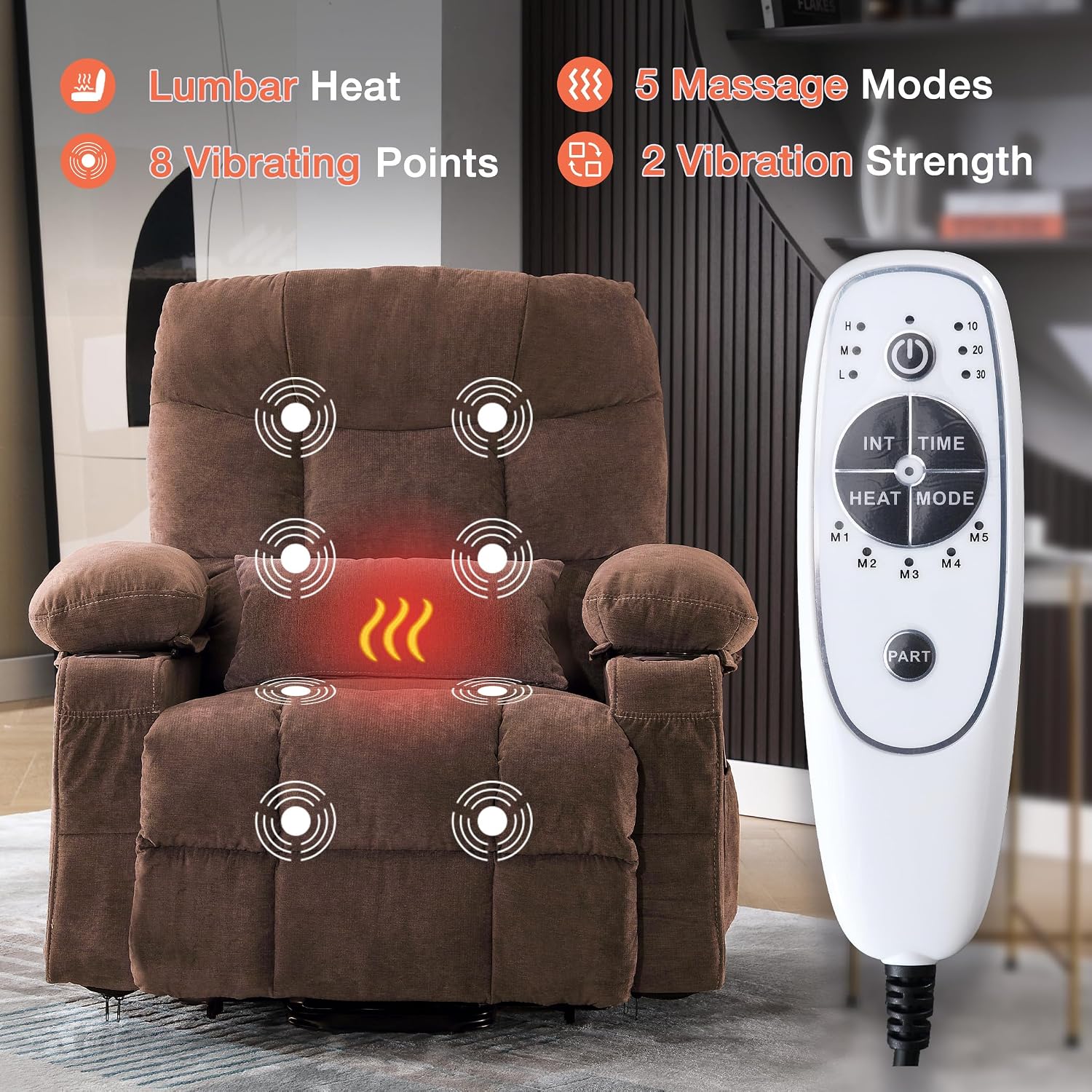 MAHOMICO Power Lift Recliner Chair for Elderly with Vibration Massage and Lumbar Heating, Electric Lift Recliner Single Sofa with Side Pocket, Two Cup Holders and USB Charge Port for Living Room