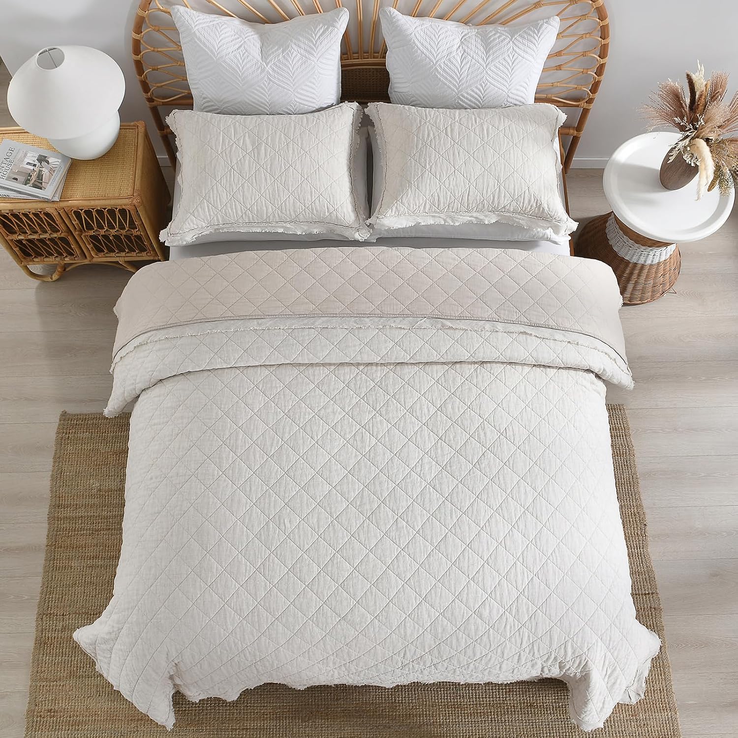 HORIMOTE HOME 100% Linen Front/100% Cotton Back Quilt Set King Size, Beige Pre-Washed European Flax Linen Quilt, Diamond Stitch Bedspread Coverlet Bedding Set 3-Piece for All Seasons