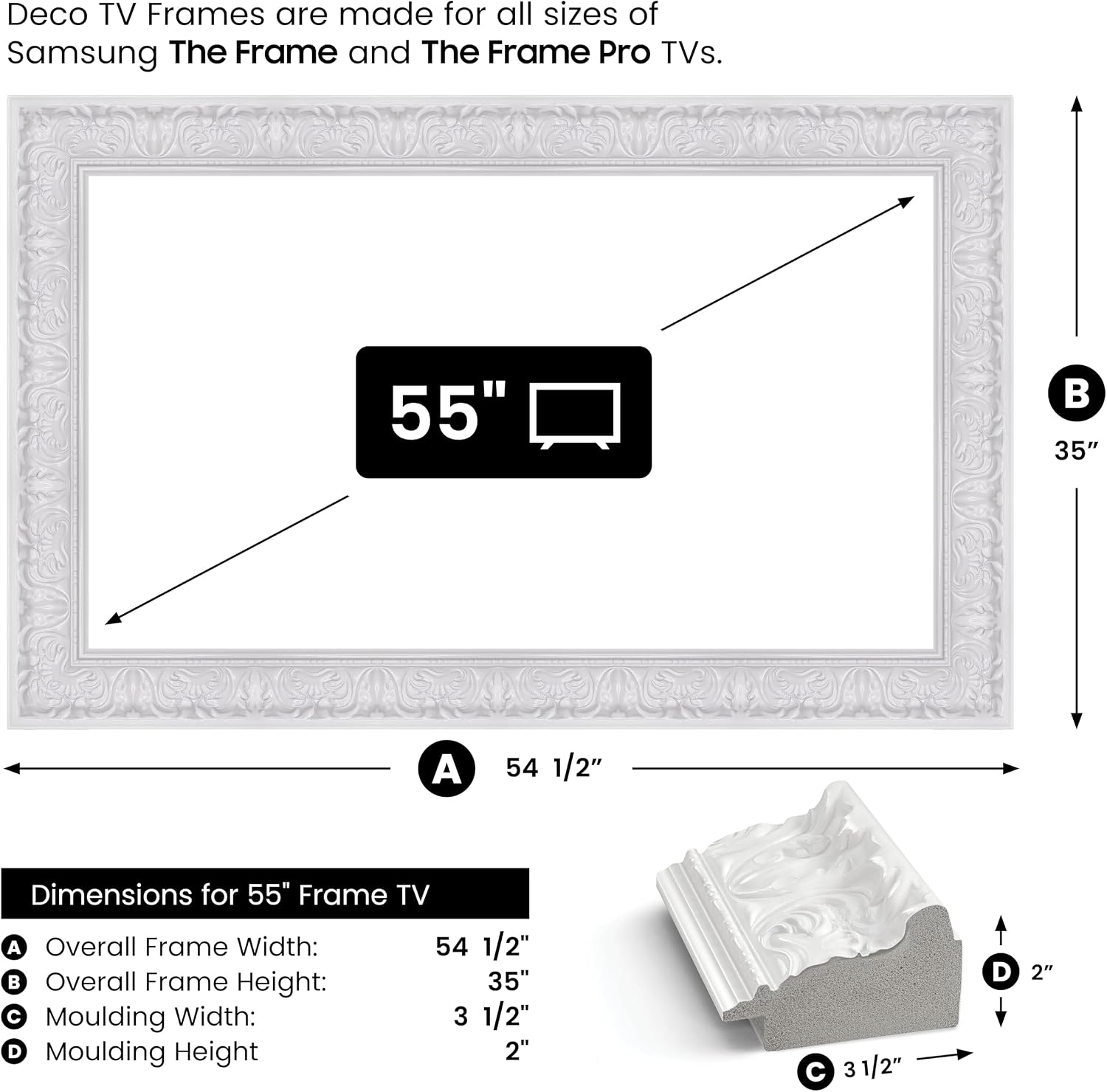 Tuscan Gloss White 55' Premiere Deco TV Frame - Compatible ONLY with Samsung The Frame TVs (Fits 2021-2026, LS03A, LS03B, LS03C, LS03D, LS03FA)