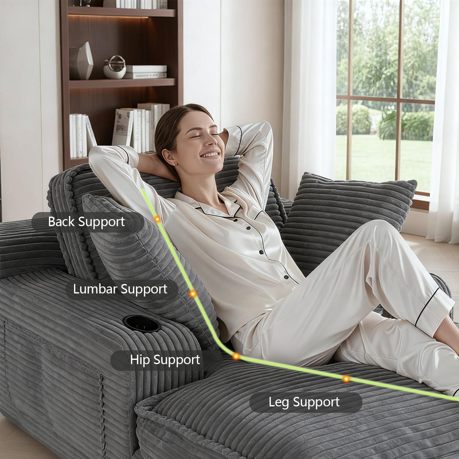 67' Oversized Chaise Lounge Chair Indoor, Soft Boneless Cloud Couch with 3 Pillows, 4 Side Pockets and 2 Cup Holders, Comfy Corduroy Sleeper Couch for Living Room Bedroom