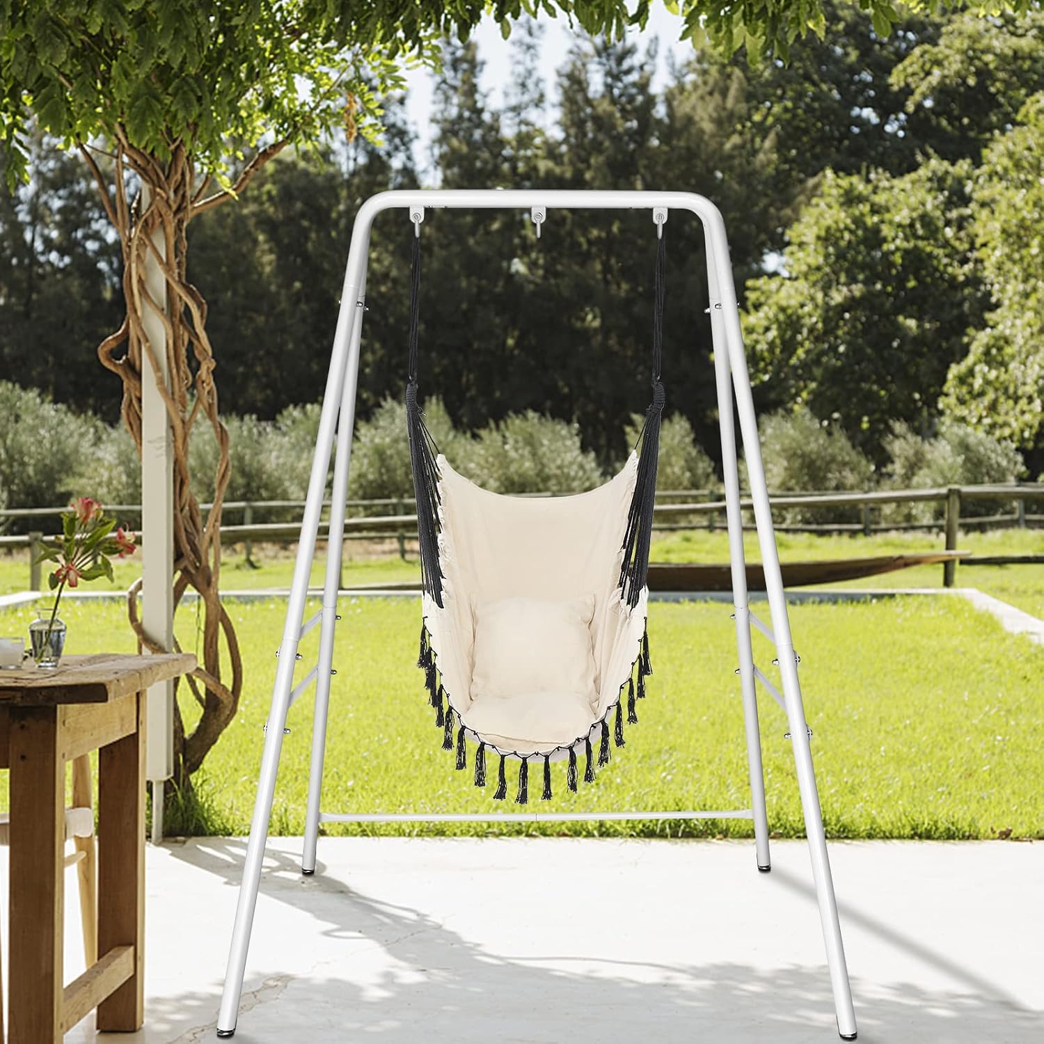 White Outdoor Hanging Chair Stand, Heavy-Duty 450 LBS Support Outdoor Hammock Chair Stand for Patio, Garden, and Backyard, White Hammock Frame,Hanging Chair Stand