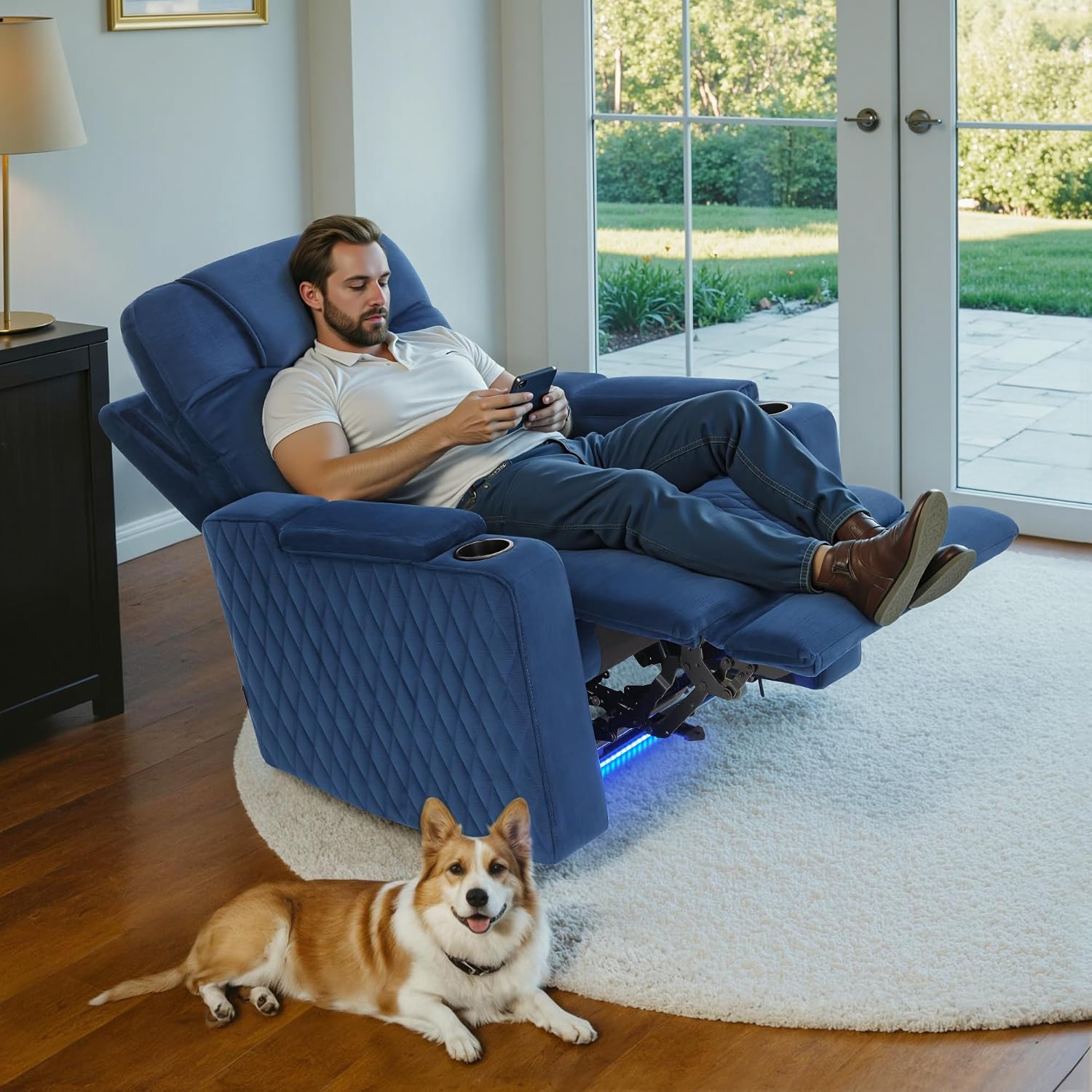 MCombo Zero Gravity Oversized Power Recliner Chair for Adults with Power Headrest & LED Light, Fabric Recliner Chair for Living Room & Home Theater, USB & Type C Port, Armrest Storage HTS401