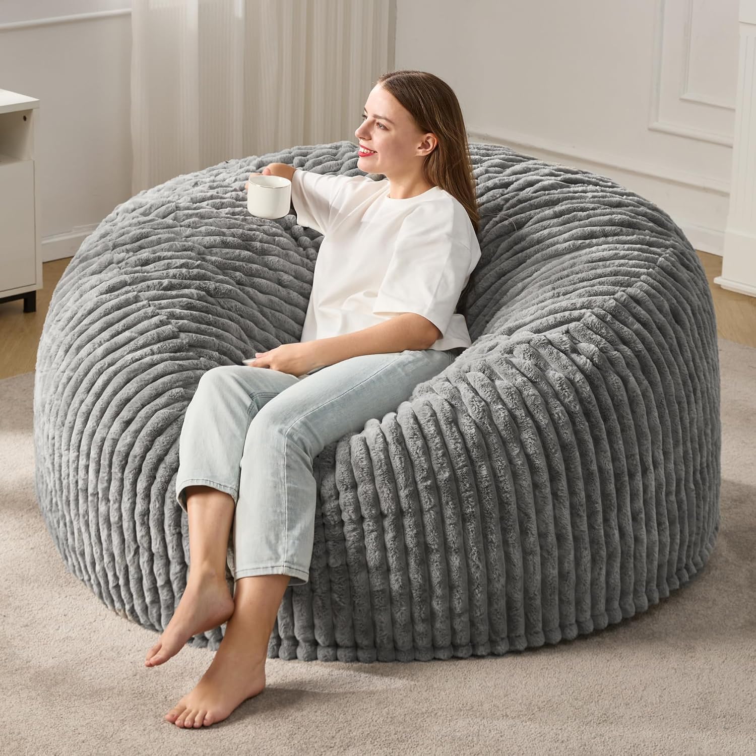 Hobestluk 5ft Bean Bag Chairs for Adults Large Beanbag Chair with Stripe Plush Cover Big Bean Bag Chair for Living Room Bedroom Dorm Office -Grey (50' x 50' x 24')