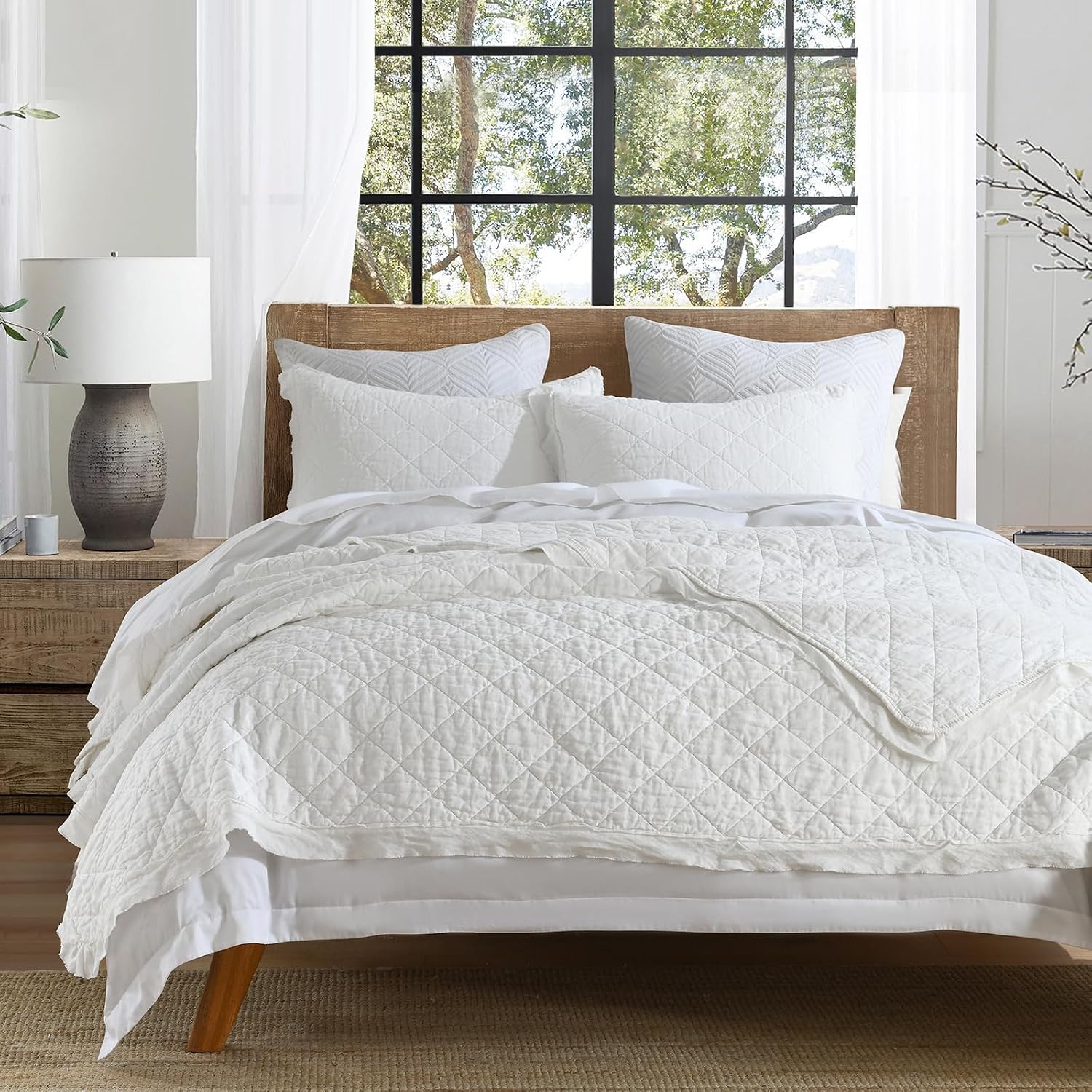 HORIMOTE HOME 100% Linen Front/100% Cotton Back Quilt Set Queen Size, White Pre-Washed European Flax Linen Quilt, Diamond Stitch Bedspread Coverlet Bedding Set 3-Piece for All Seasons