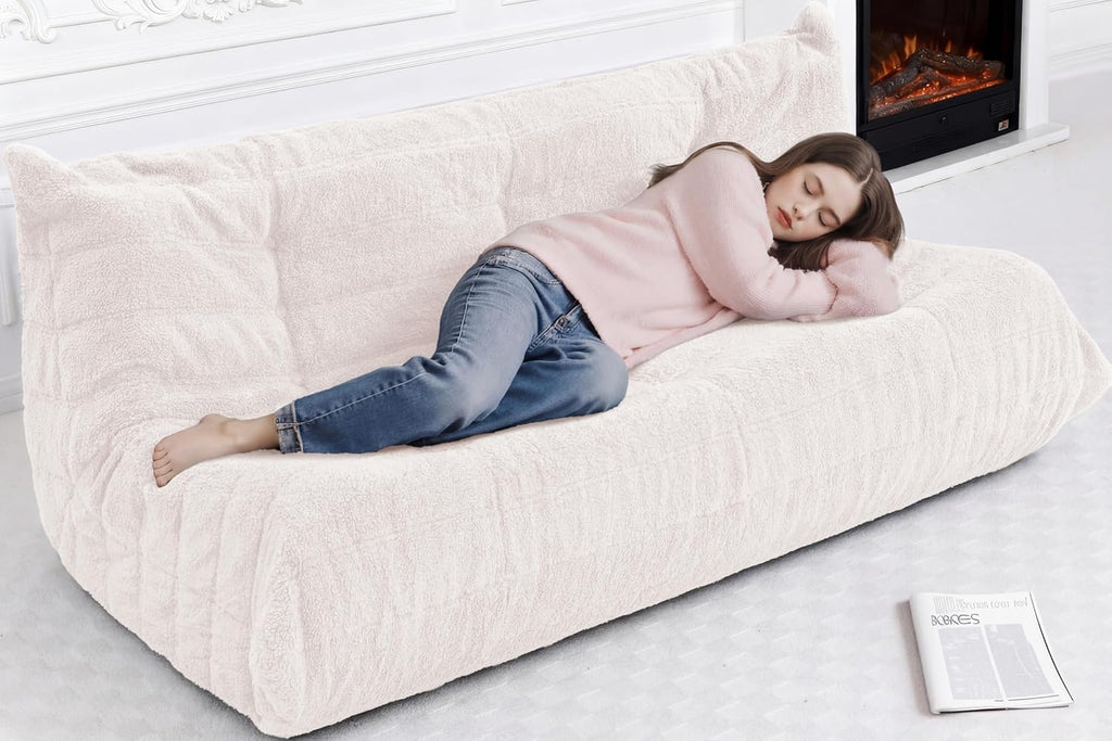 Bean Bag 3-Seater Chair Big Sofa Beanbag Chair for Adults Fireside Chair Bean Bag Lounger with Memory Foam Filled for Home,Apartment or Gaming Venue（Beige Teddy）