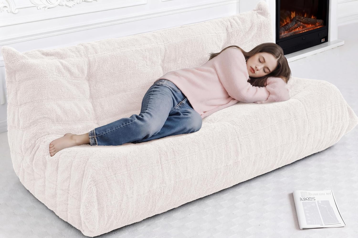 Bean Bag 3-Seater Chair Big Sofa Beanbag Chair for Adults Fireside Chair Bean Bag Lounger with Memory Foam Filled for Home,Apartment or Gaming Venue（Beige Teddy）
