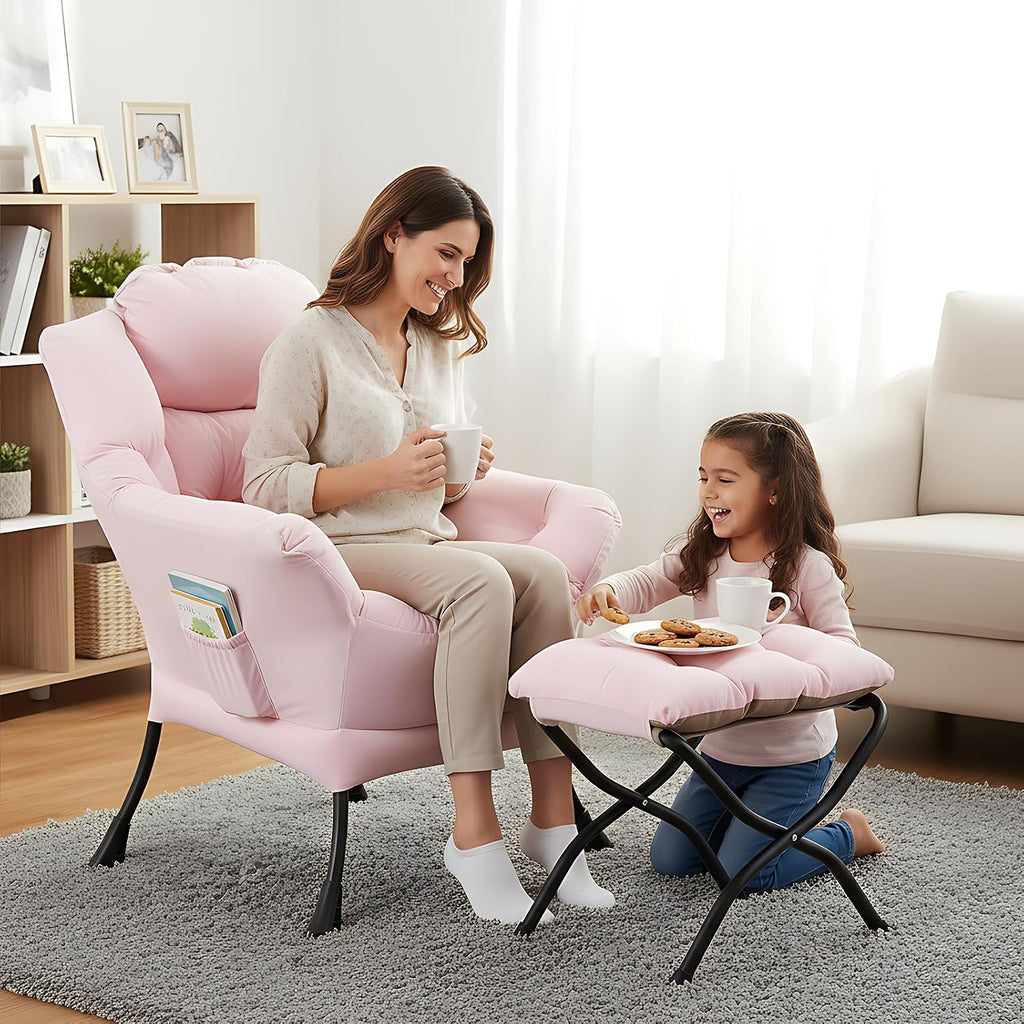 Welnow Pink Lazy Chair with Ottoman, Modern Reading Accent Chair with Armrests and a Side Pocket, Leisure Upholstered Lazy Sofa Set with Footrest for Small Space