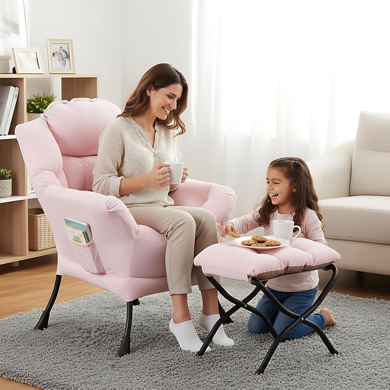 Welnow Pink Lazy Chair with Ottoman, Modern Reading Accent Chair with Armrests and a Side Pocket, Leisure Upholstered Lazy Sofa Set with Footrest for Small Space