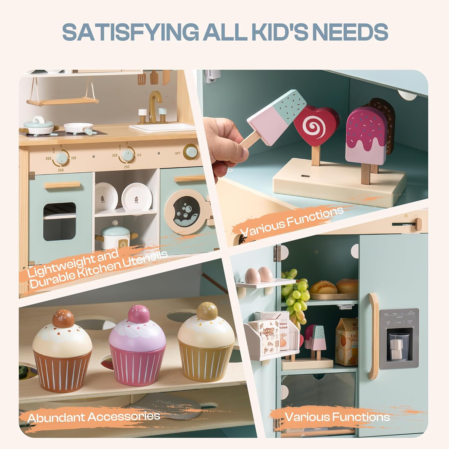 ROBUD Wooden Play Kitchen Set, Kids Toy Kitchen Set with Realistic Design, Utensils, Ice Maker, Fridge, Oven, Washer, Modern Style Play Kitchen with Accessories, Ideal Gift for Boys & Girls, Blue