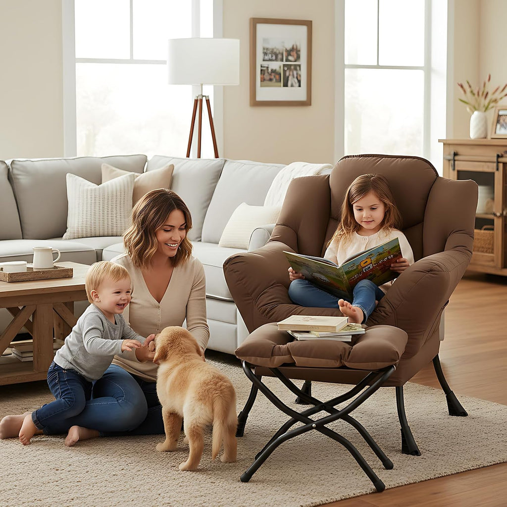 Welnow Lazy Chair with Ottoman, Modern Accent Armchair with Armrests and a Side Pocket, Leisure Sofa Armchair Set, Reading Chair with Footrest for Small Space, Dark Brown