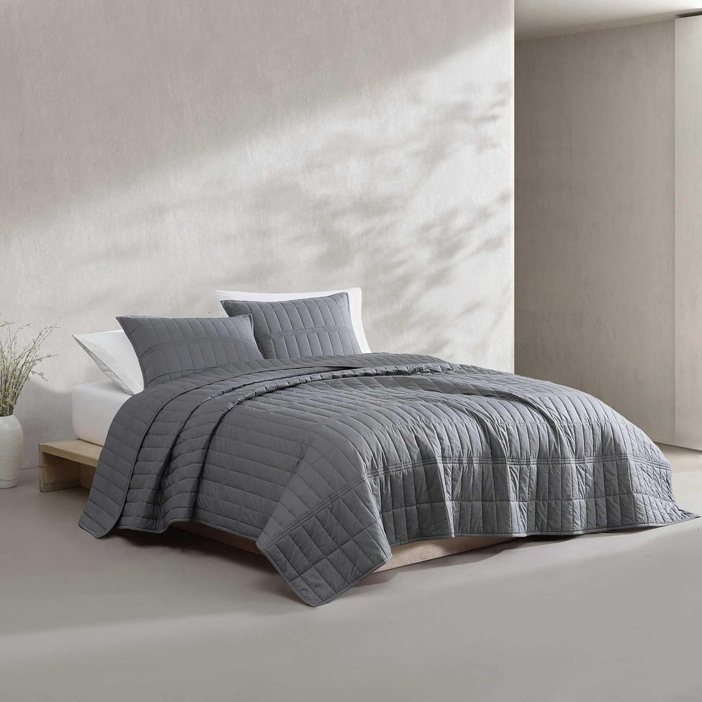 Calvin Klein - Queen Quilt Set, Cotton Percale Weave Bedding with Matching Shams, Crisp & Cool, Oeko-Tex Certified (Washed Percale Graphite Grey)