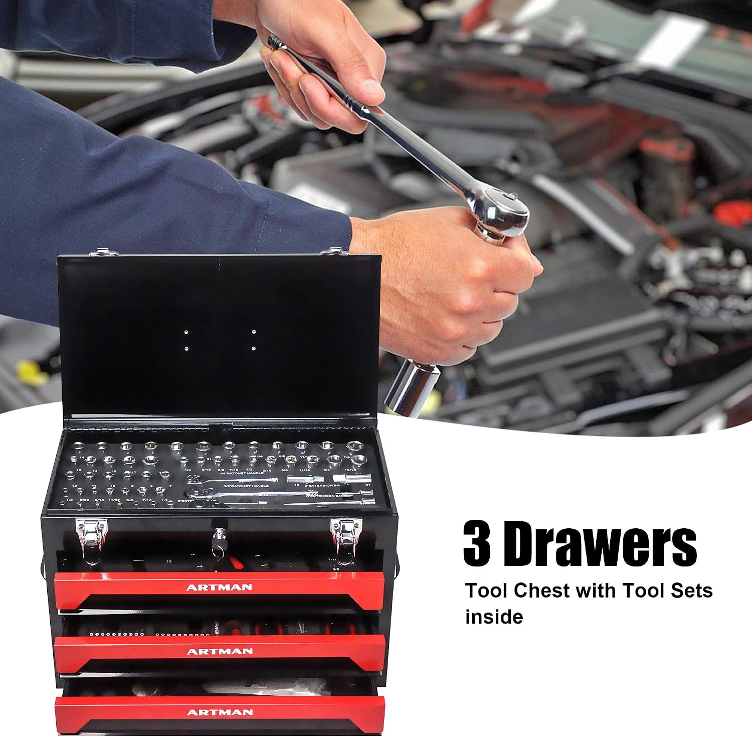 3-Drawer Tool Chest with 439-Piece Mechanics Tool Set | Heavy-Duty Steel Portable Tool Box with Complete Socket & Wrench Kit for Workshop, Garage, and Home Use (Black & Red)