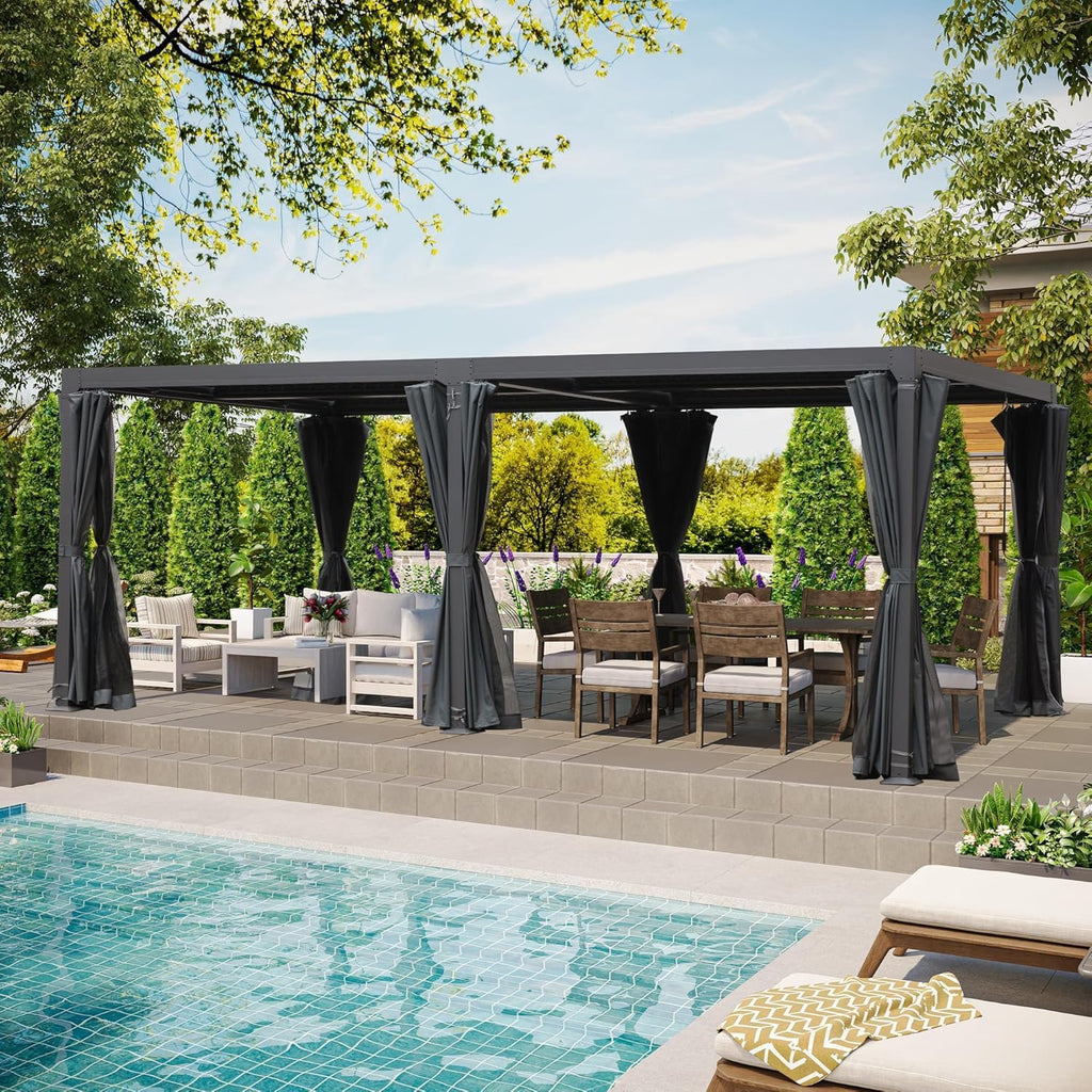 10' × 20' Louvered Pergola, Outdoor Aluminium Canopy with Adjustable Roof Curtains and Netting for Patio, Deck, Garden, Yard, Beach. (Black)