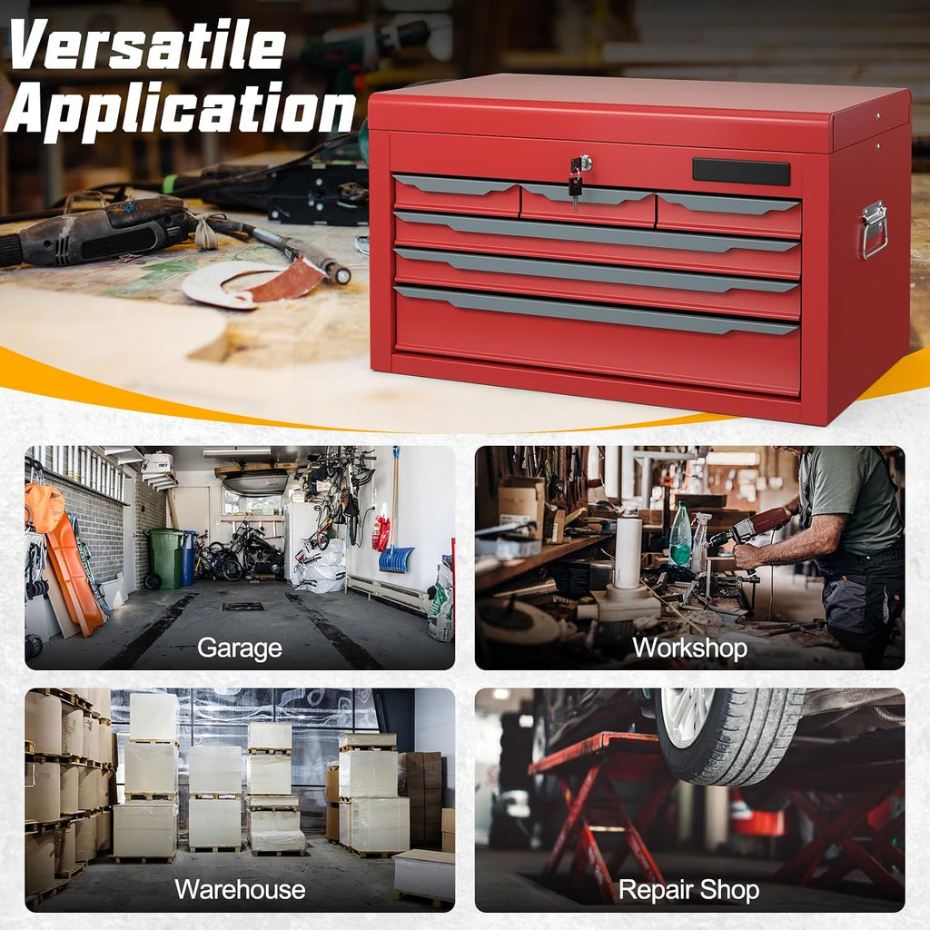 Large Metal Tool Box, ARNOT Tool Box with 6 Drawers & Top Tray, Heavy-Duty Steel Tool Chest with Auto-Locking Drawers and Side Handles for Garage & Workbench, Black (Red)