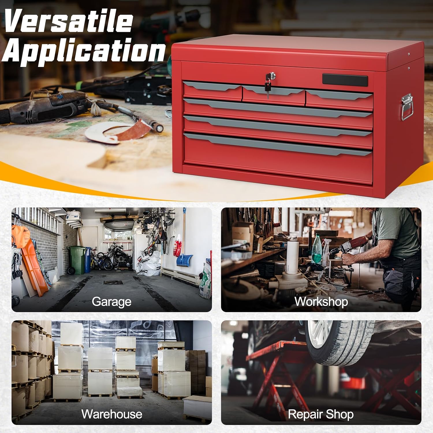 Large Metal Tool Box, ARNOT Tool Box with 6 Drawers & Top Tray, Heavy-Duty Steel Tool Chest with Auto-Locking Drawers and Side Handles for Garage & Workbench, Black (Red)